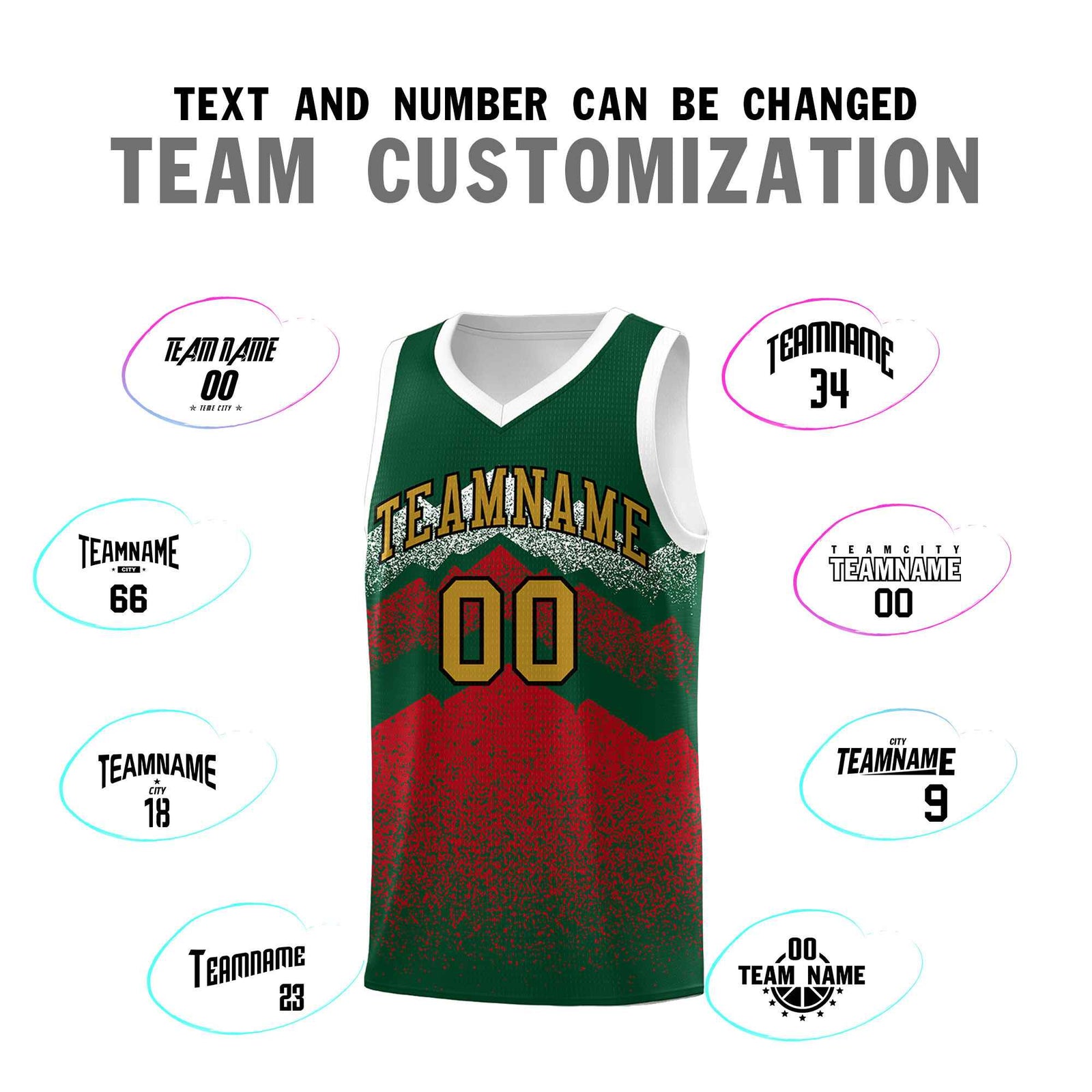 Personalized Youth Basketball Jerseys Green Red Gradient Mountain Design Uniforms