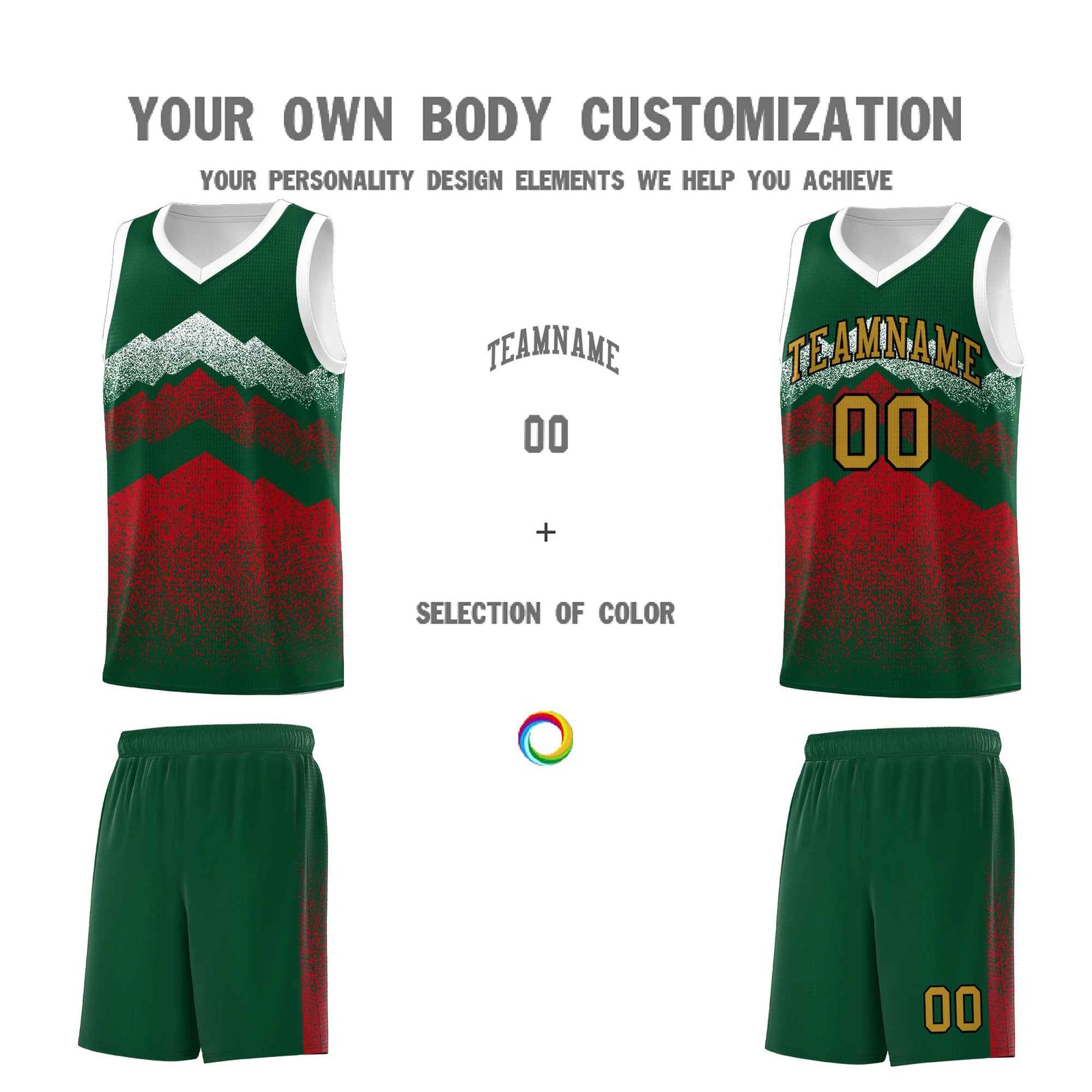 Personalized Youth Basketball Jerseys Green Red Gradient Mountain Design Uniforms