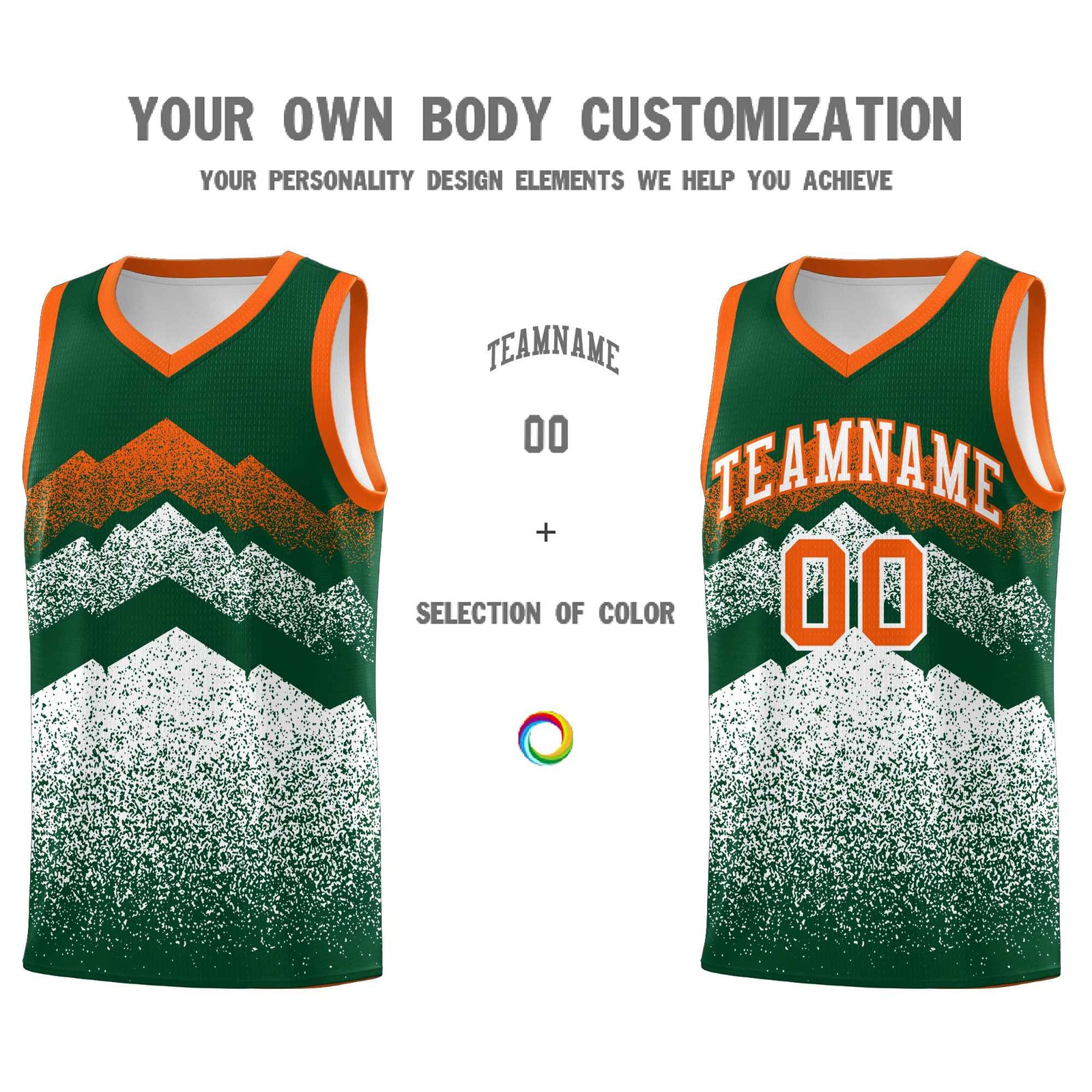Personalized Youth Basketball Jerseys Green White Gradient Mountain Design Uniforms