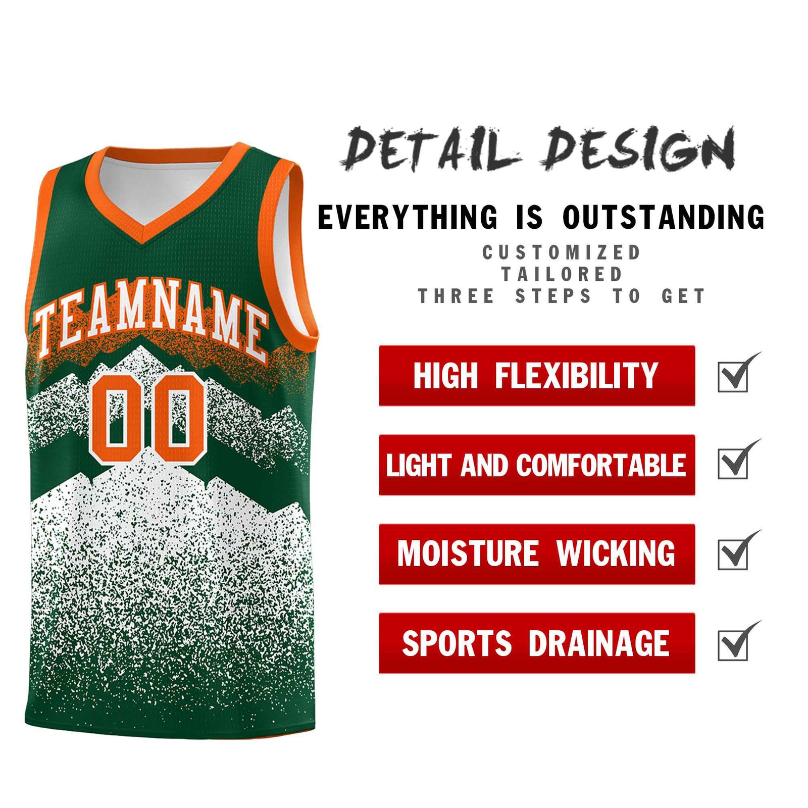 Personalized Youth Basketball Jerseys Green White Gradient Mountain Design Uniforms