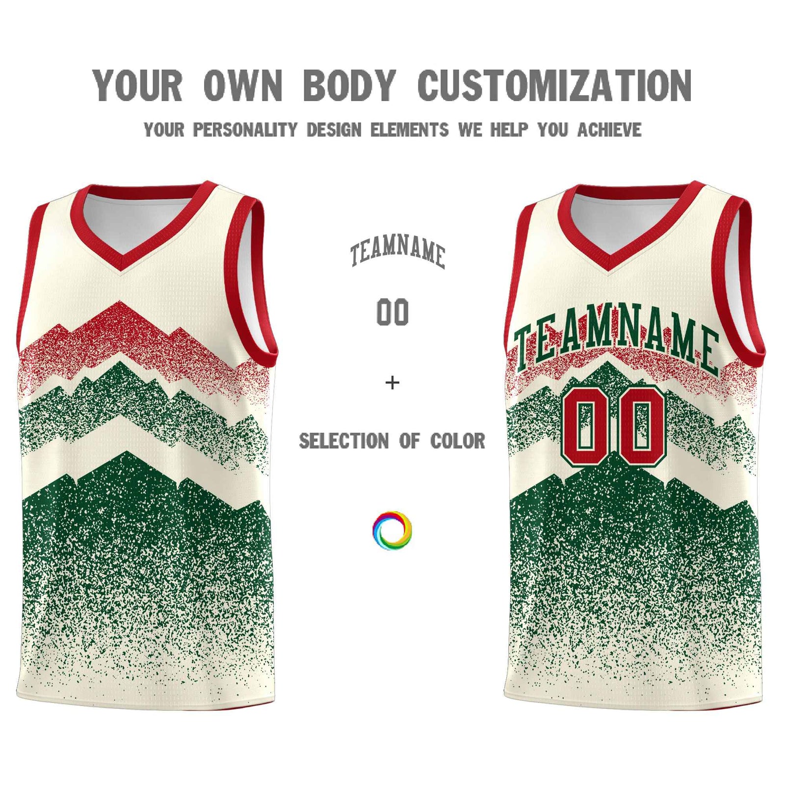Personalized Youth Basketball Jerseys Cream Green Gradient Mountain Design Uniforms