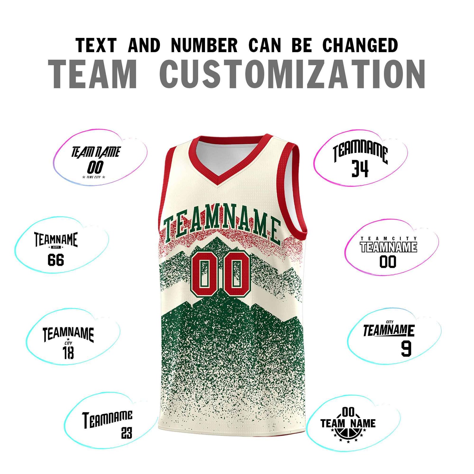 Personalized Youth Basketball Jerseys Cream Green Gradient Mountain Design Uniforms