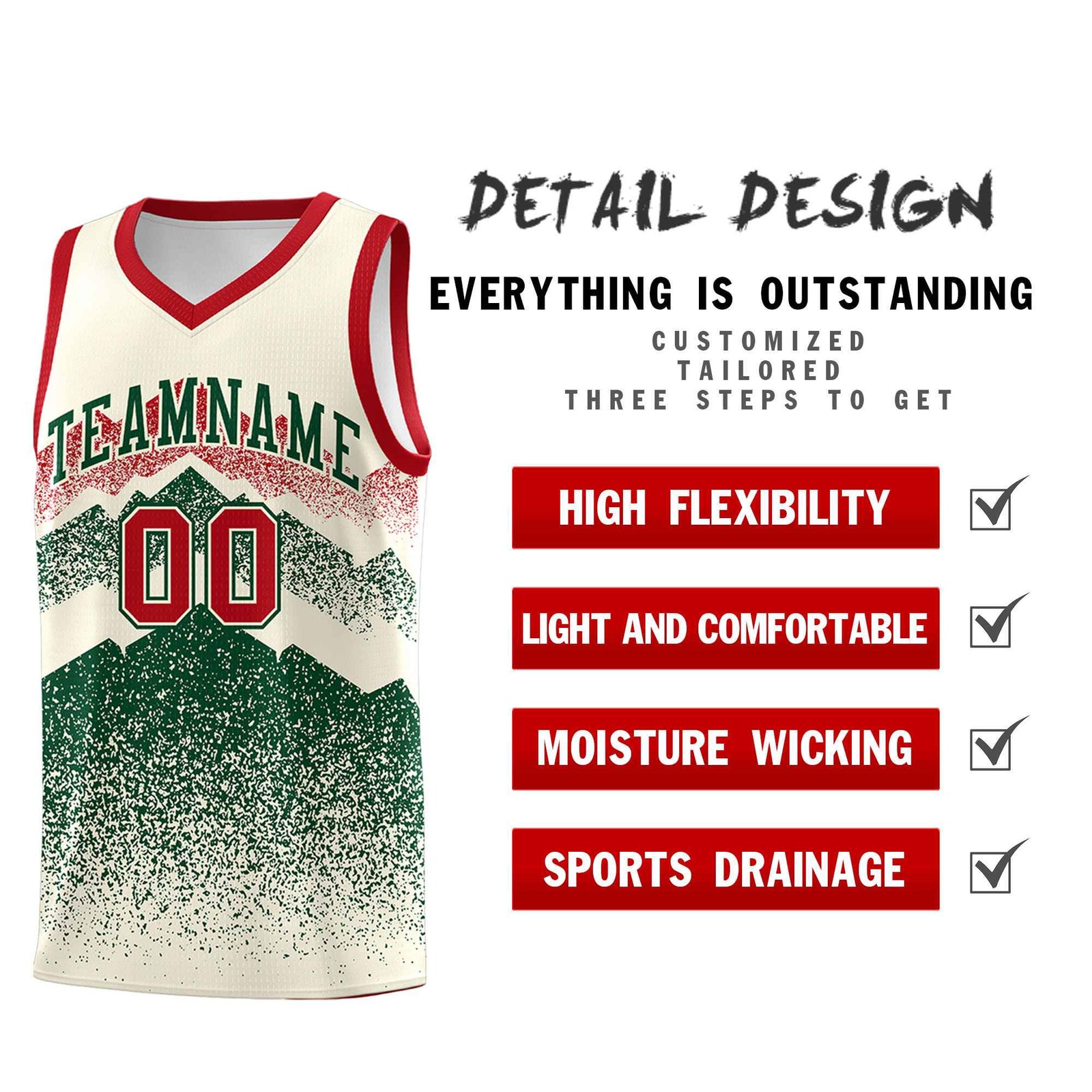 Personalized Youth Basketball Jerseys Cream Green Gradient Mountain Design Uniforms