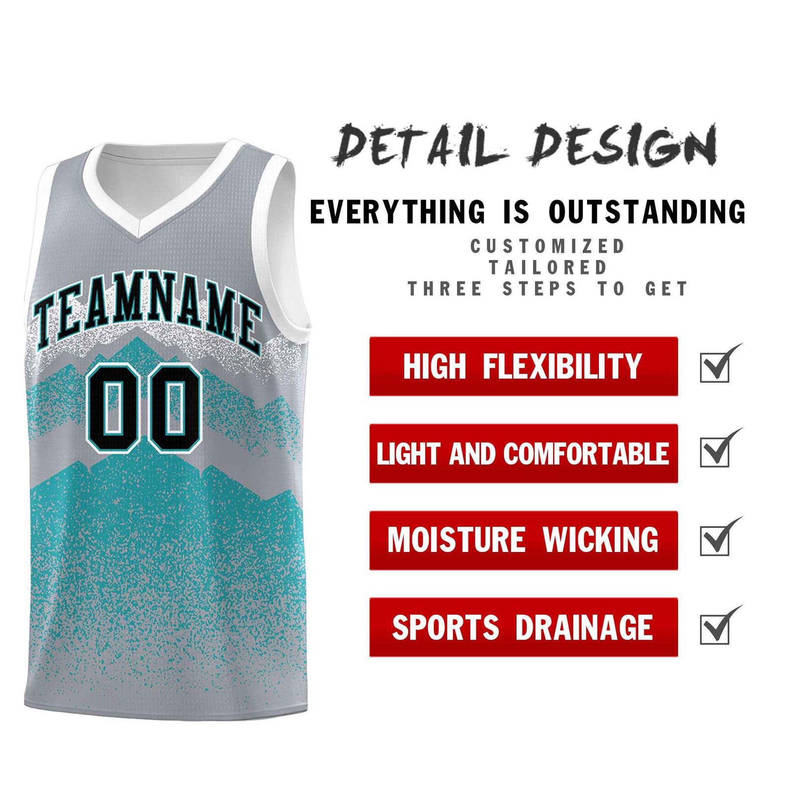 Personalized Youth Basketball Jerseys Silver Teal Gradient Mountain Design Uniforms