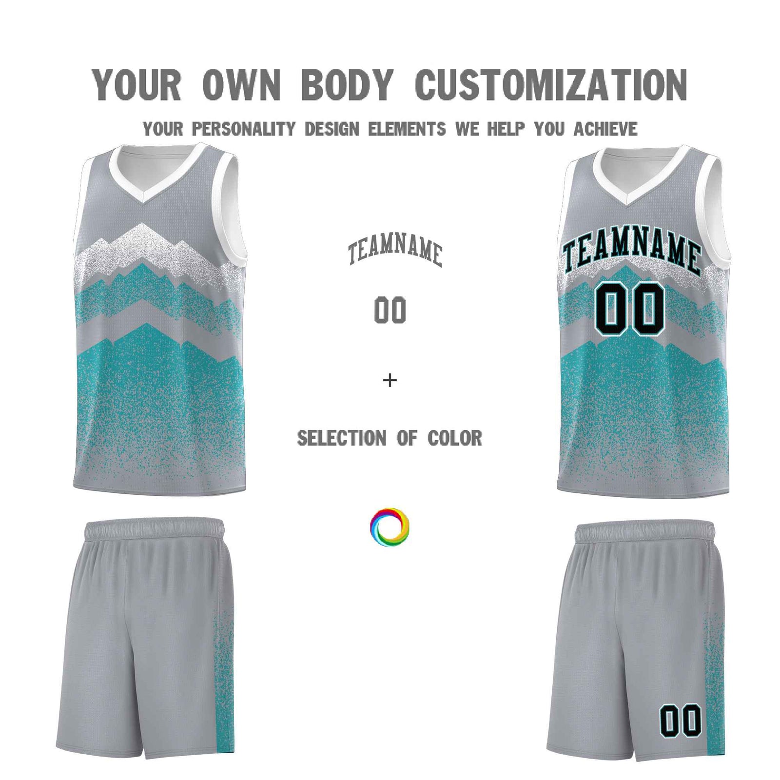 Personalized Youth Basketball Jerseys Silver Teal Gradient Mountain Design Uniforms