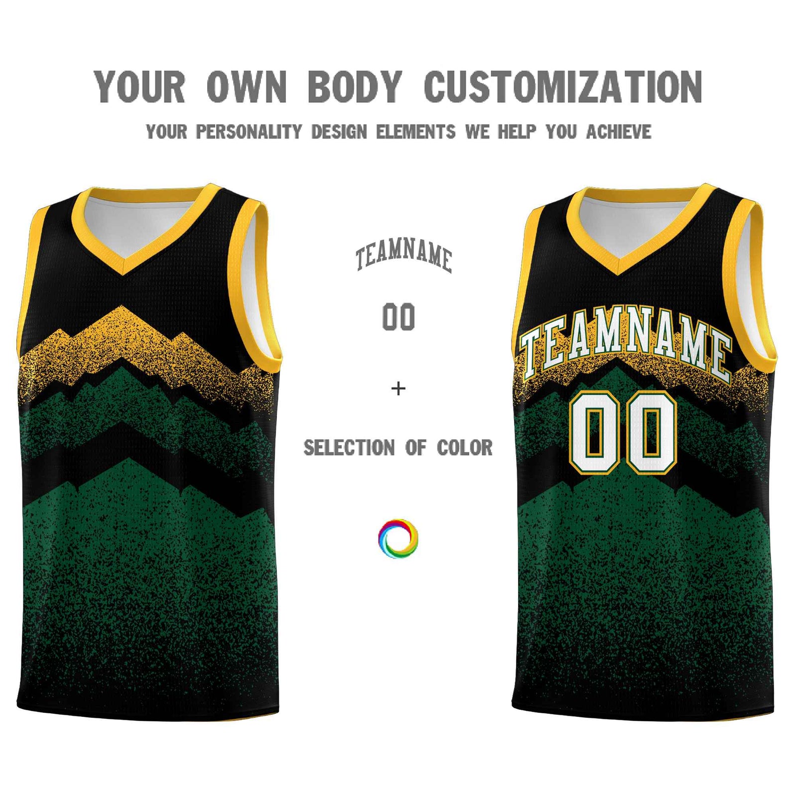 Custom Youth Basketball Jerseys Black Green Gradient Mountain Design Uniforms