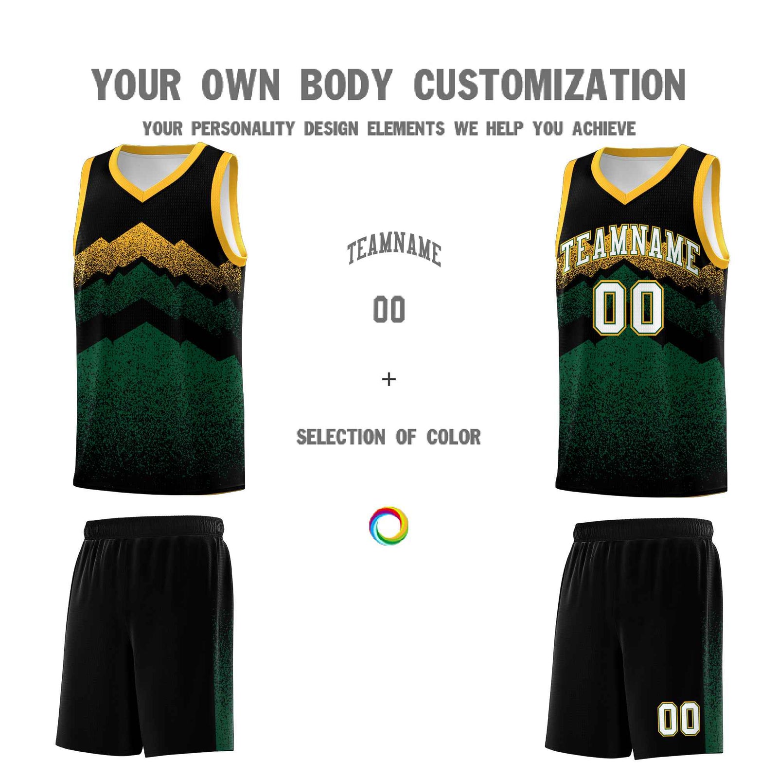 Custom Youth Basketball Jerseys Black Green Gradient Mountain Design Uniforms