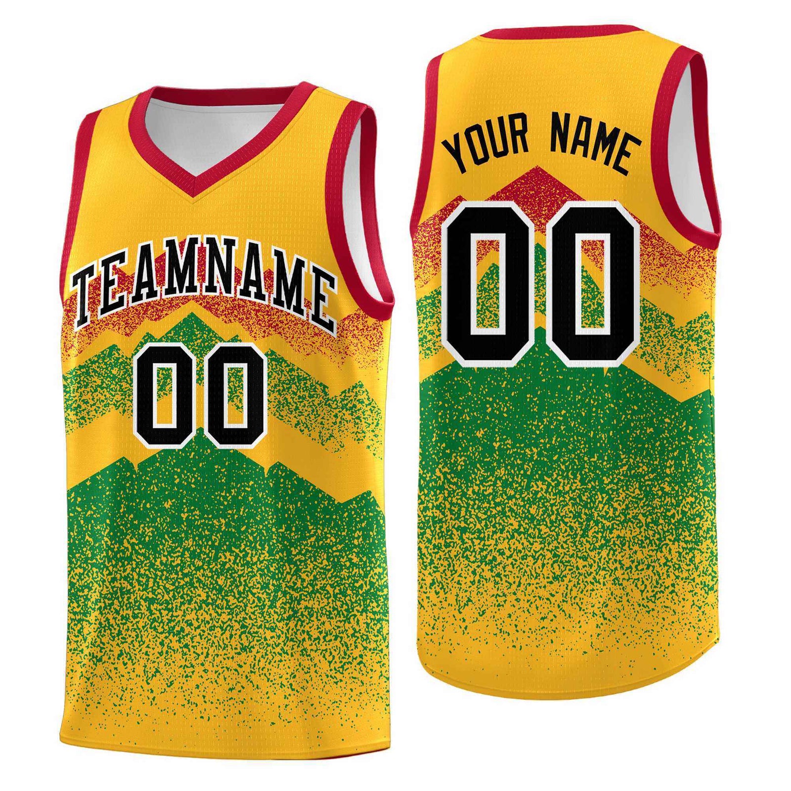 Personalized Youth Basketball Jerseys Gold Kelly Green Gradient Mountain Design Uniforms