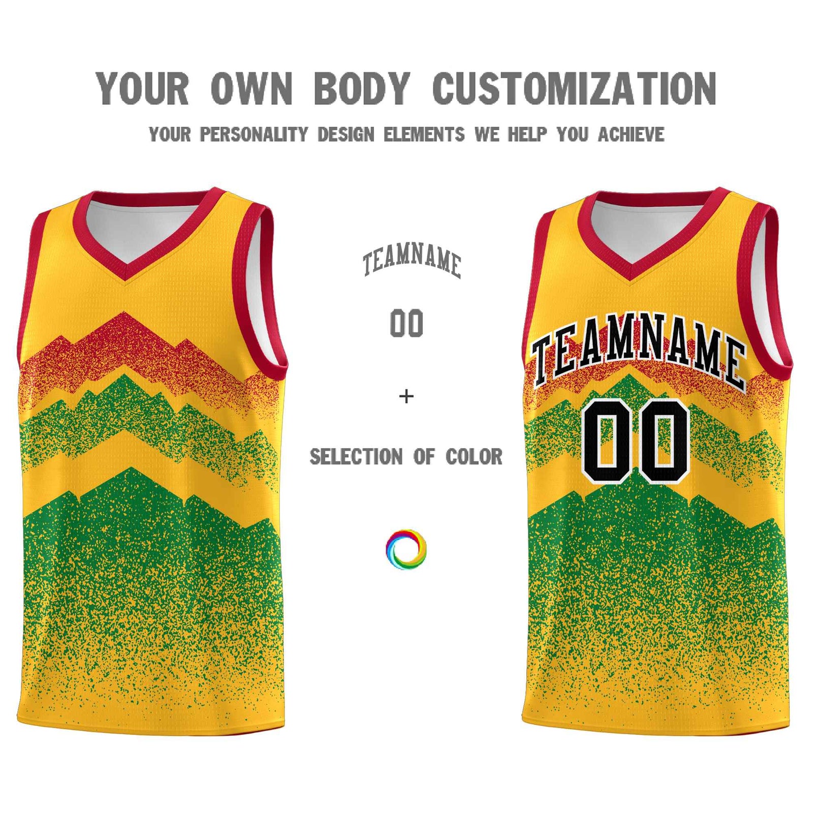 Personalized Youth Basketball Jerseys Gold Kelly Green Gradient Mountain Design Uniforms