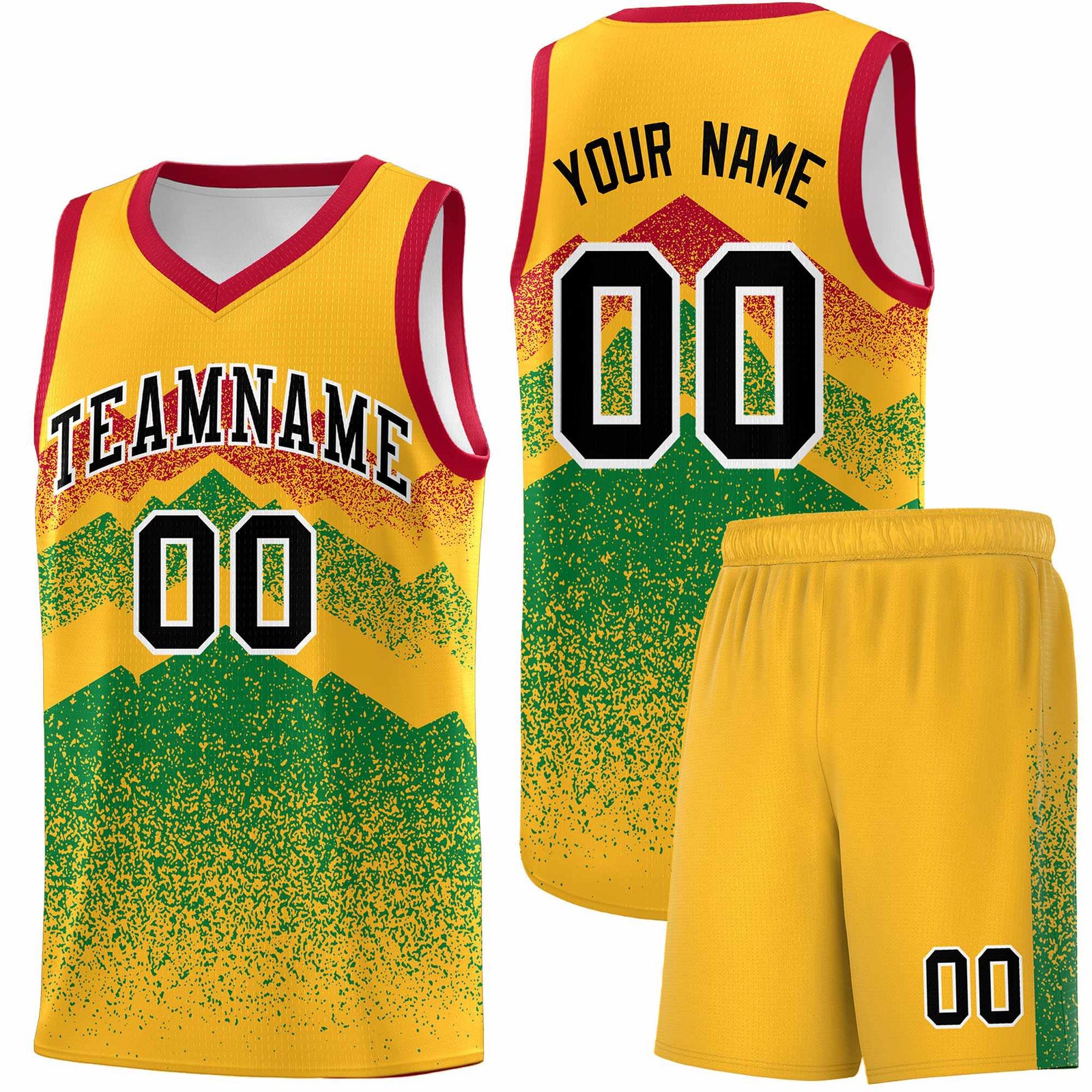 Personalized Youth Basketball Jerseys Gold Kelly Green Gradient Mountain Design Uniforms