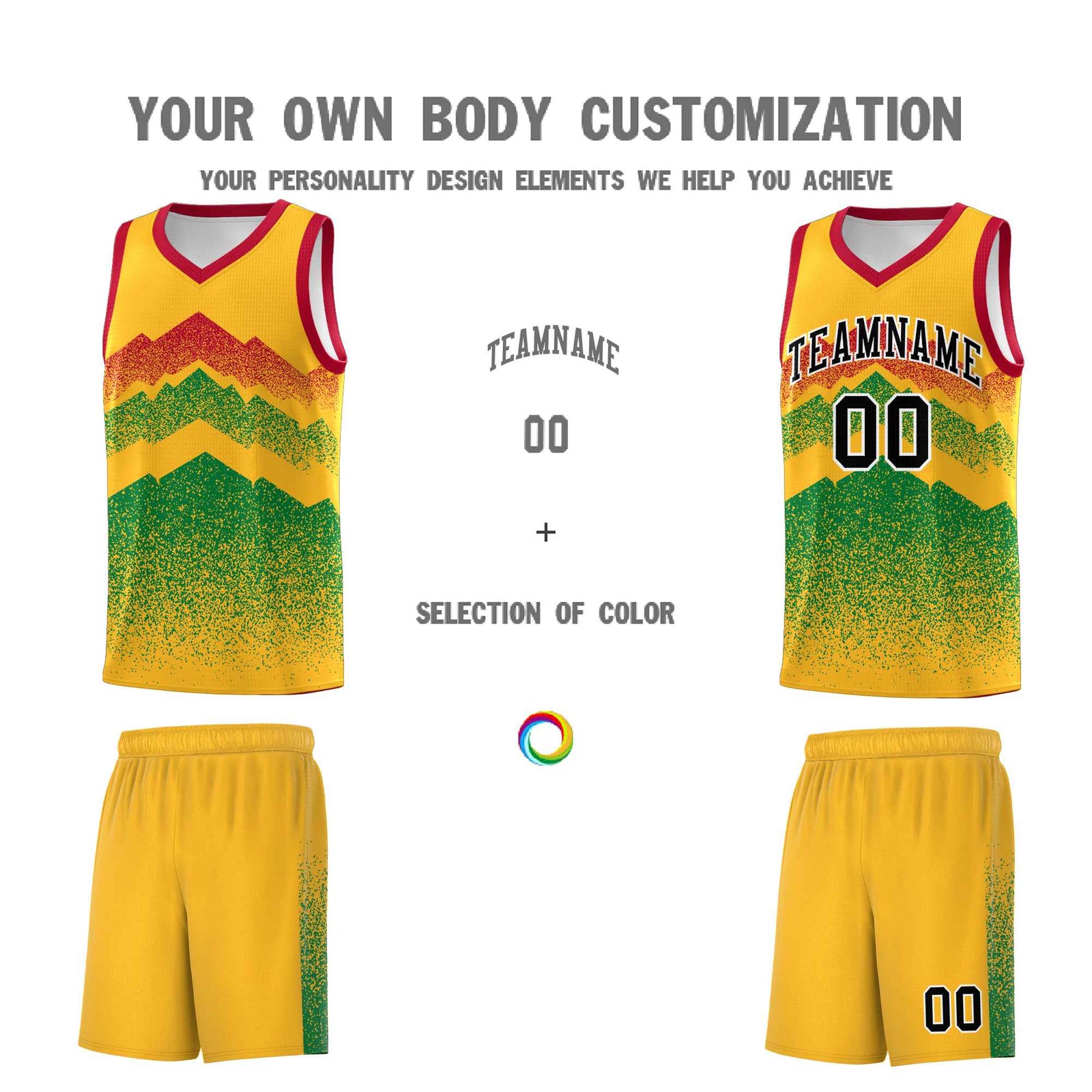 Personalized Youth Basketball Jerseys Gold Kelly Green Gradient Mountain Design Uniforms