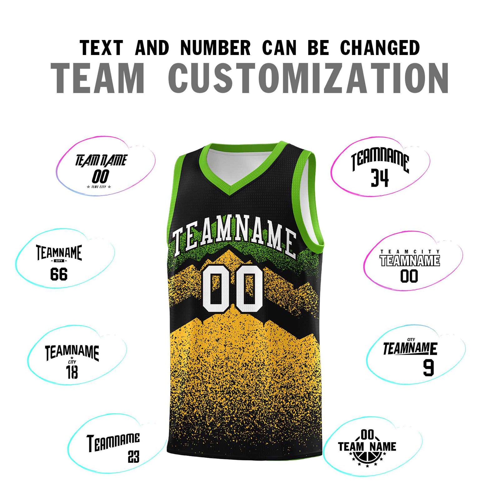 Personalized Youth Basketball Jerseys Black Gold Gradient Mountain Design Uniforms