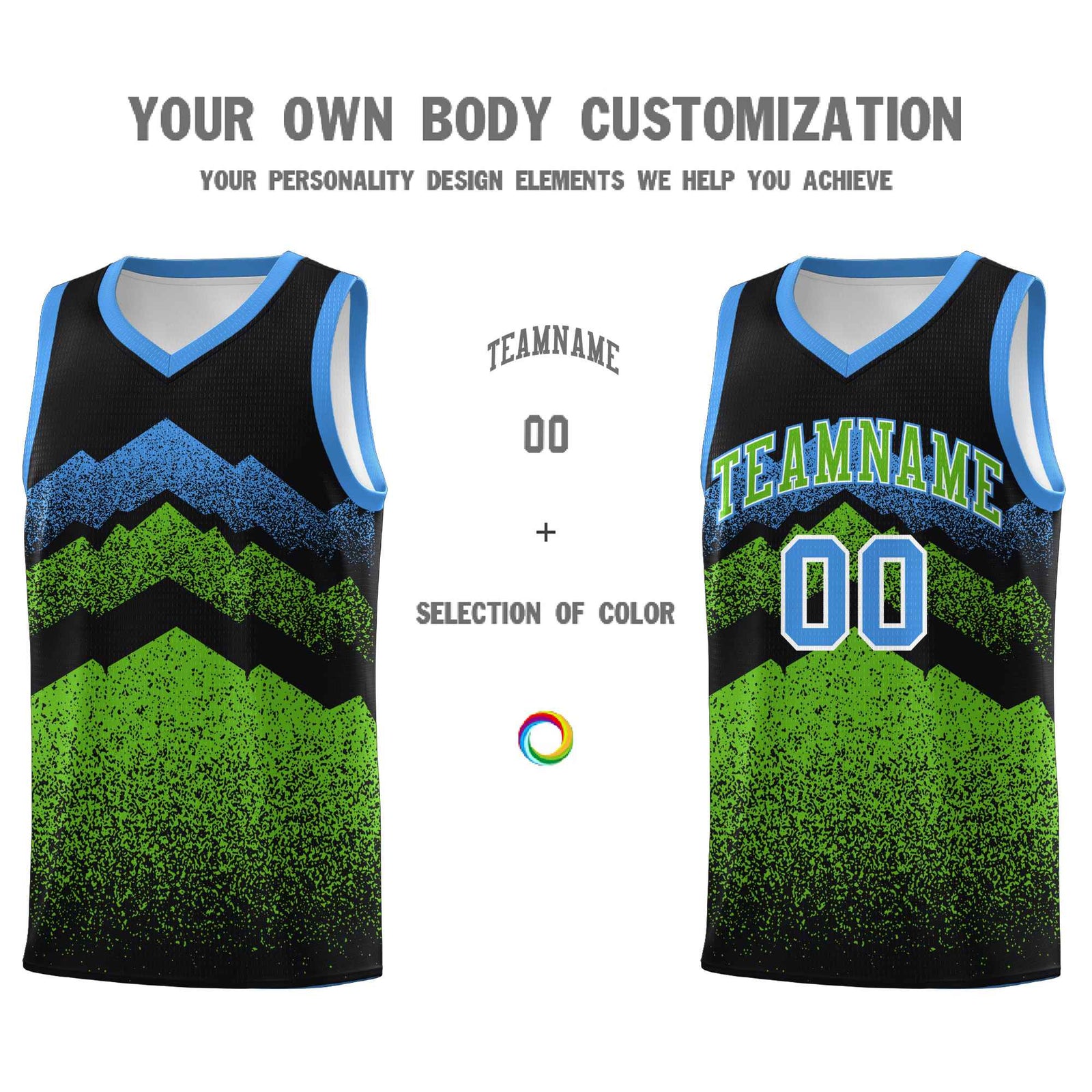 Personalized Youth Basketball Jerseys Black Green Gradient Mountain Design Uniforms