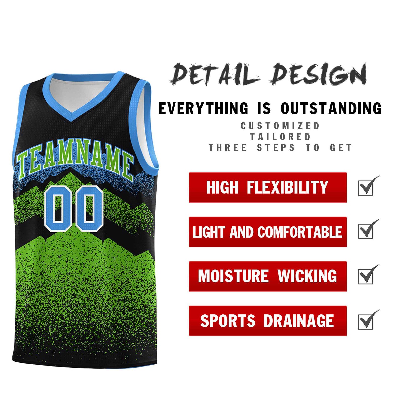 Personalized Youth Basketball Jerseys Black Green Gradient Mountain Design Uniforms