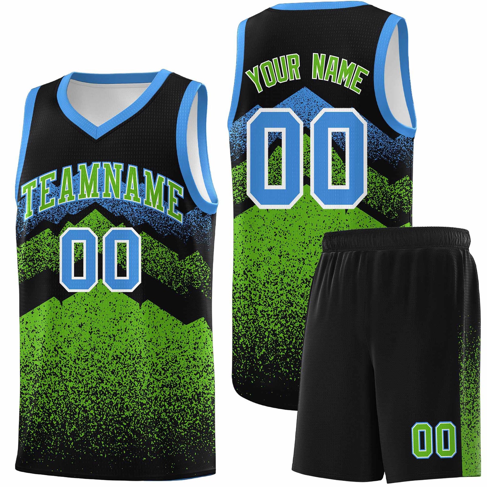 Personalized Youth Basketball Jerseys Black Green Gradient Mountain Design Uniforms