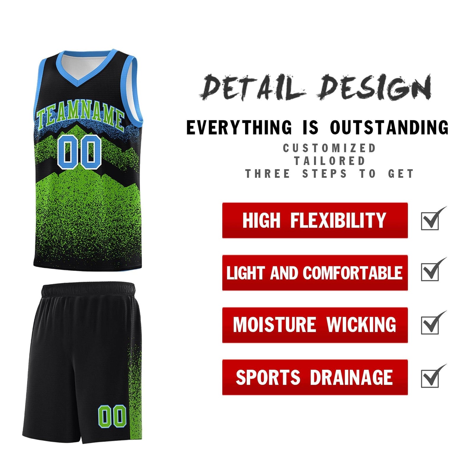 Personalized Youth Basketball Jerseys Black Green Gradient Mountain Design Uniforms