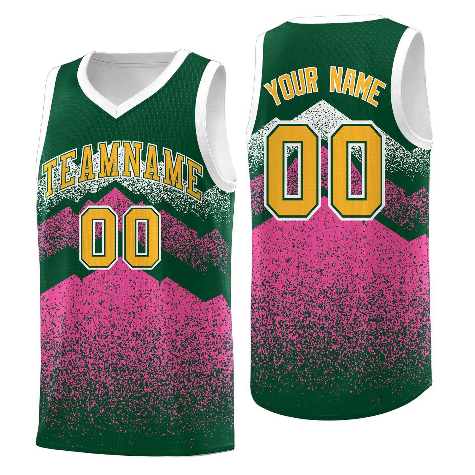 Custom Youth Basketball Jerseys Green Pink Gradient Mountain Design Uniforms