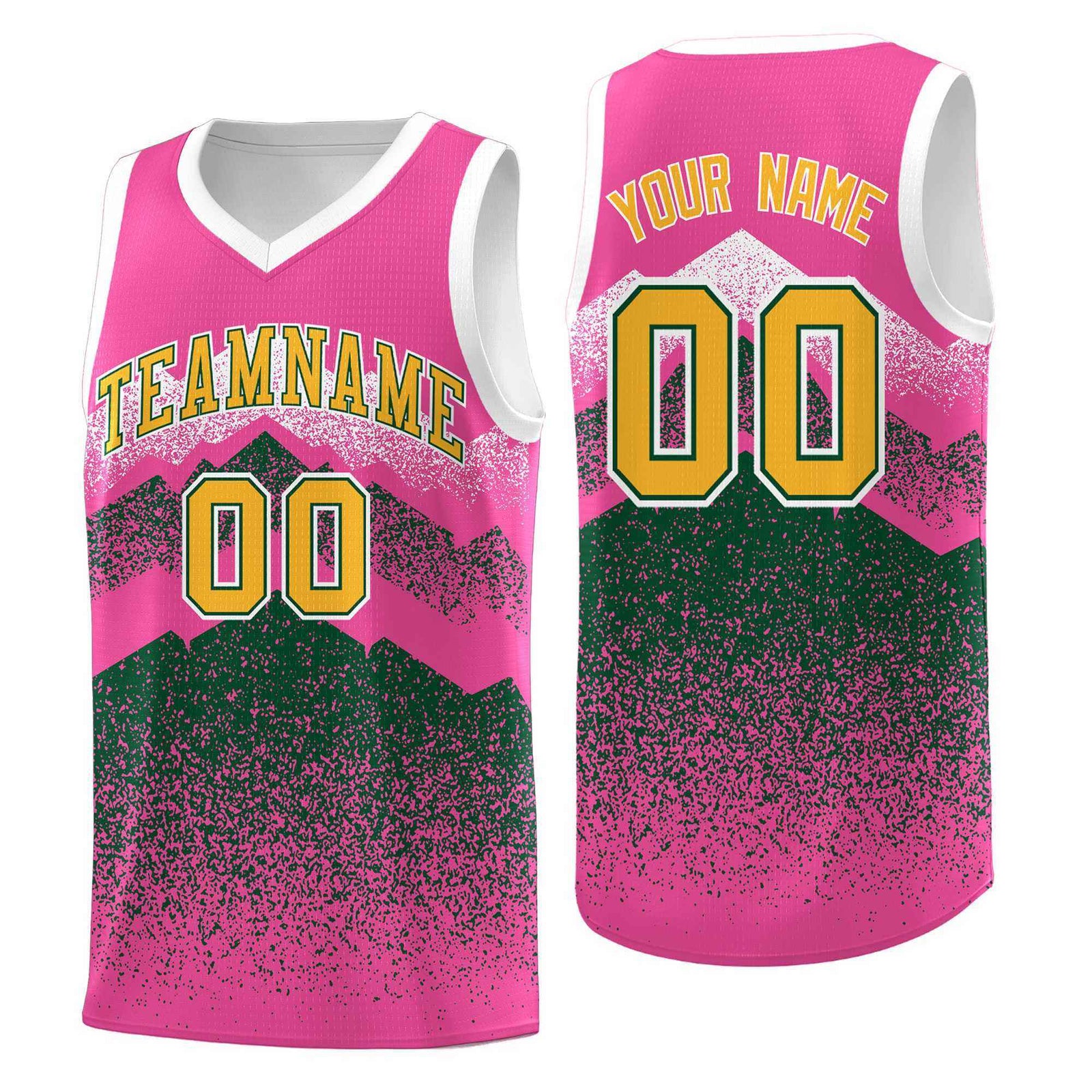 Personalized Youth Basketball Jerseys Pink Green Gradient Mountain Design Uniforms
