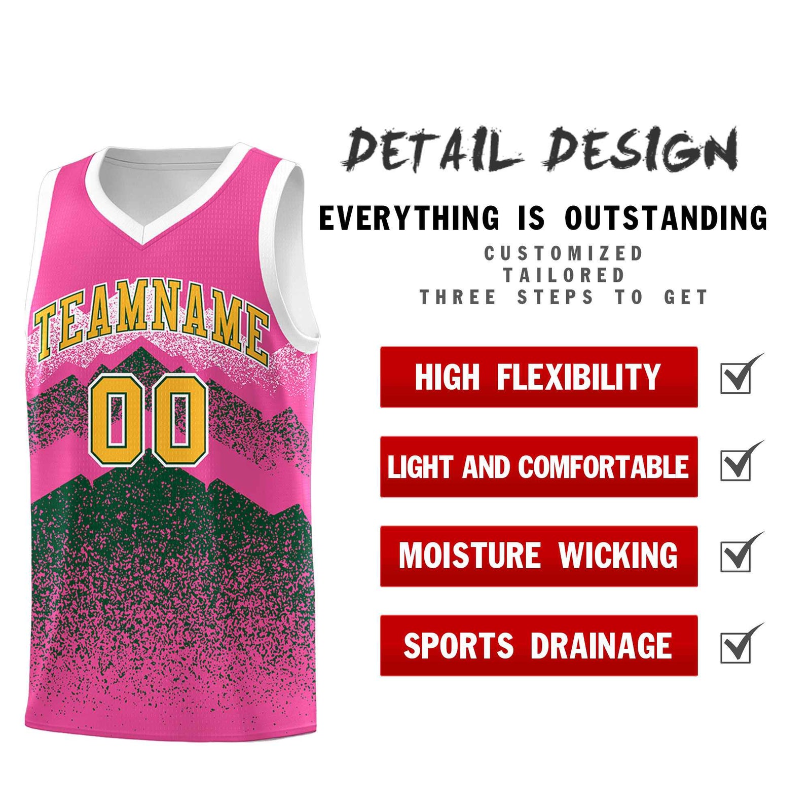 Personalized Youth Basketball Jerseys Pink Green Gradient Mountain Design Uniforms