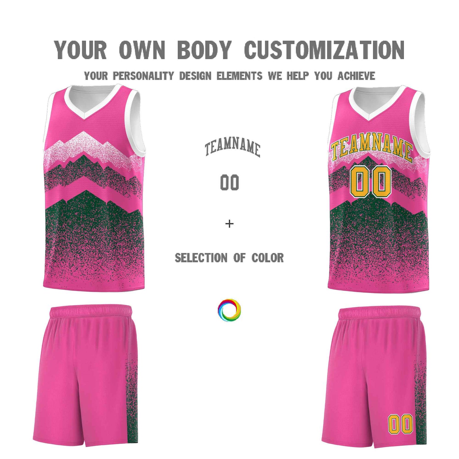 Personalized Youth Basketball Jerseys Pink Green Gradient Mountain Design Uniforms