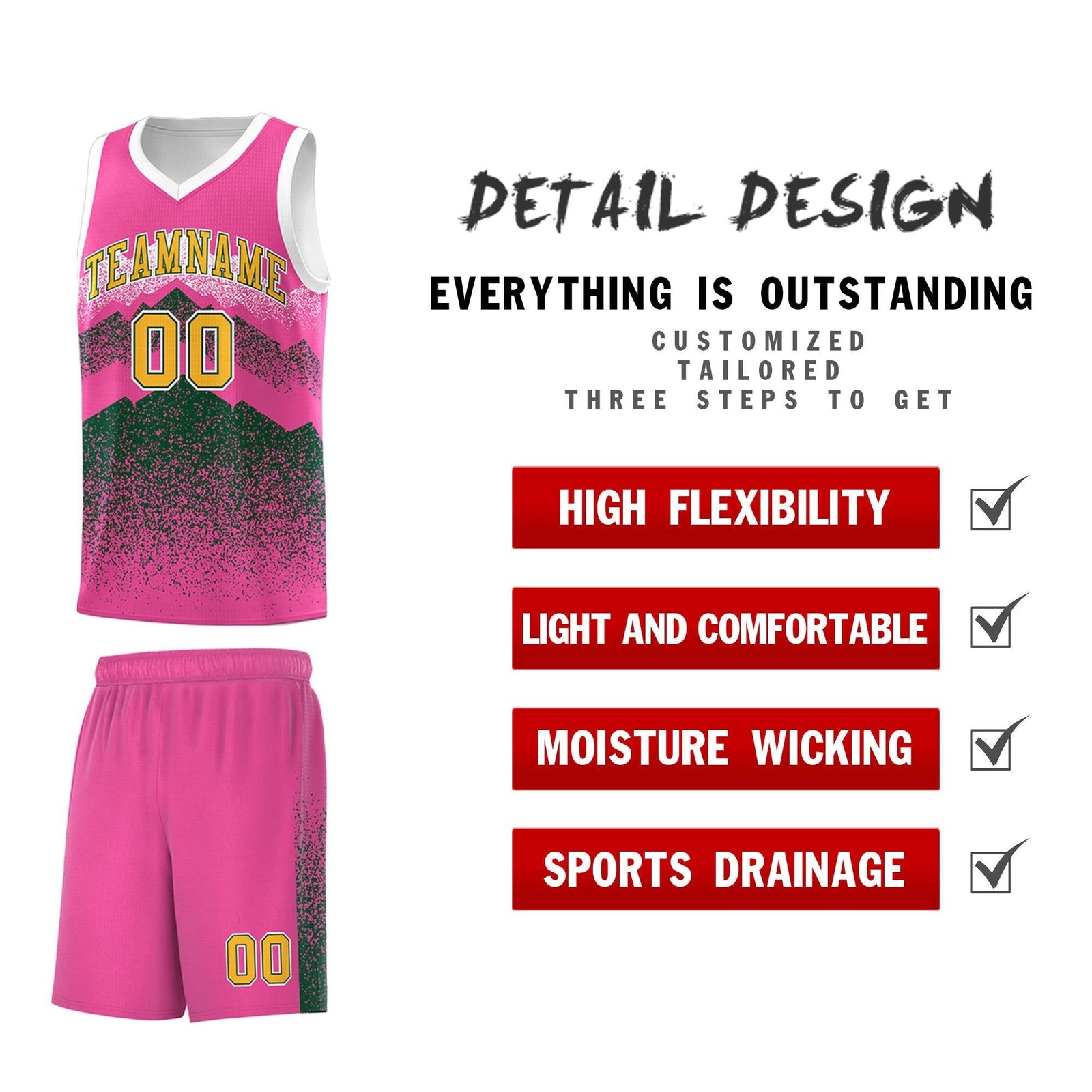 Personalized Youth Basketball Jerseys Pink Green Gradient Mountain Design Uniforms