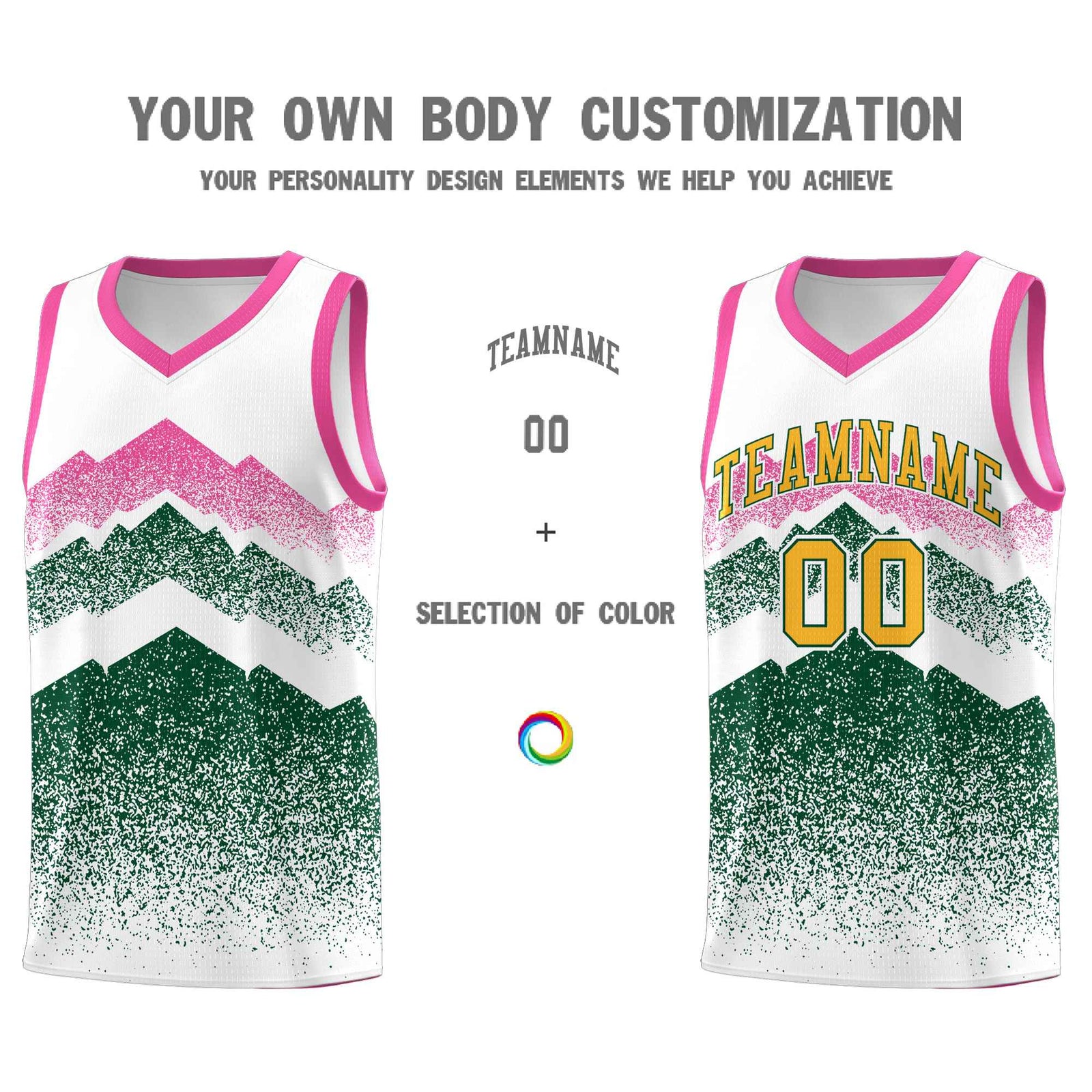 Custom Youth Basketball Jerseys White Green Gradient Mountain Design Uniforms