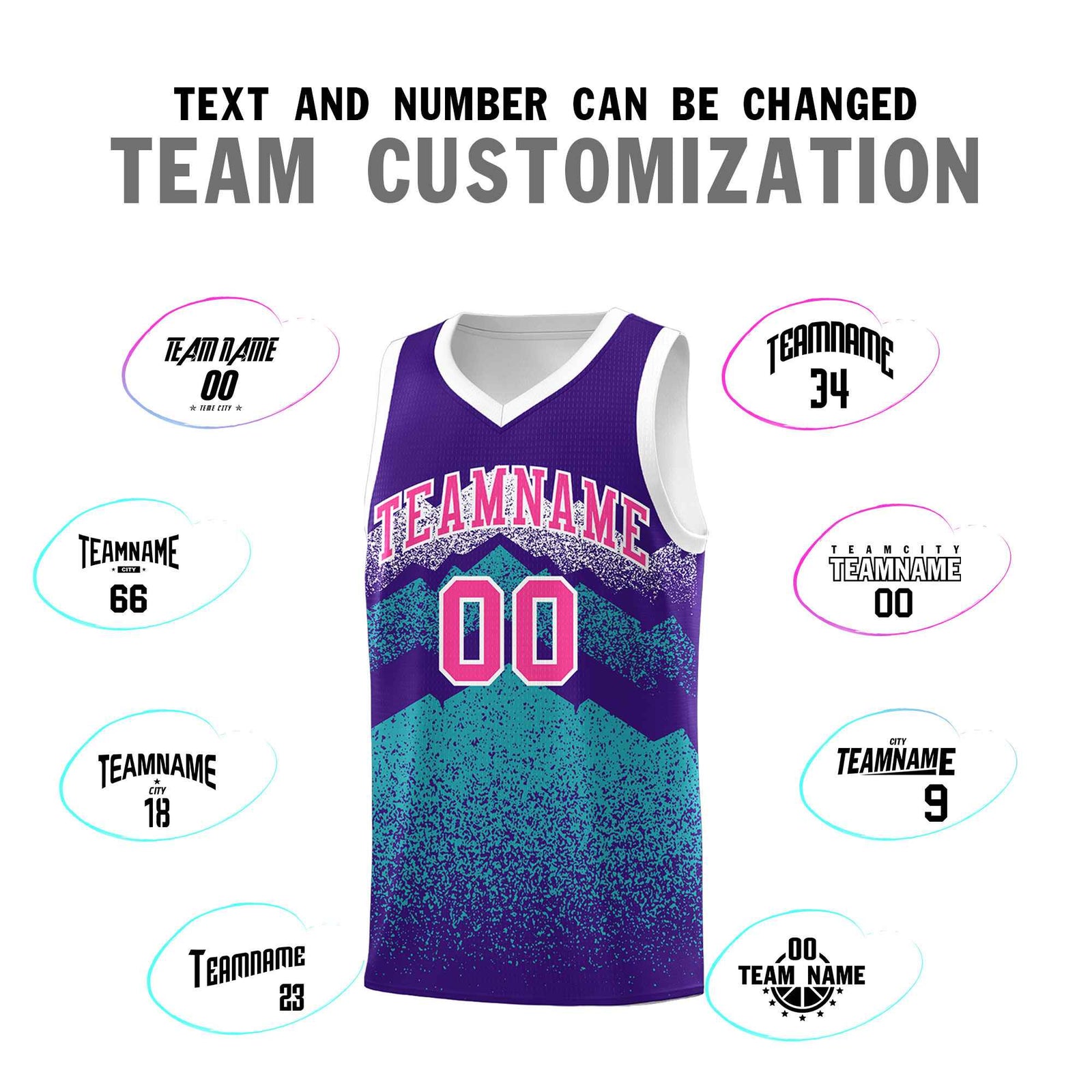 Personalized Youth Basketball Jerseys Purple Aqua Gradient Mountain Design Uniforms