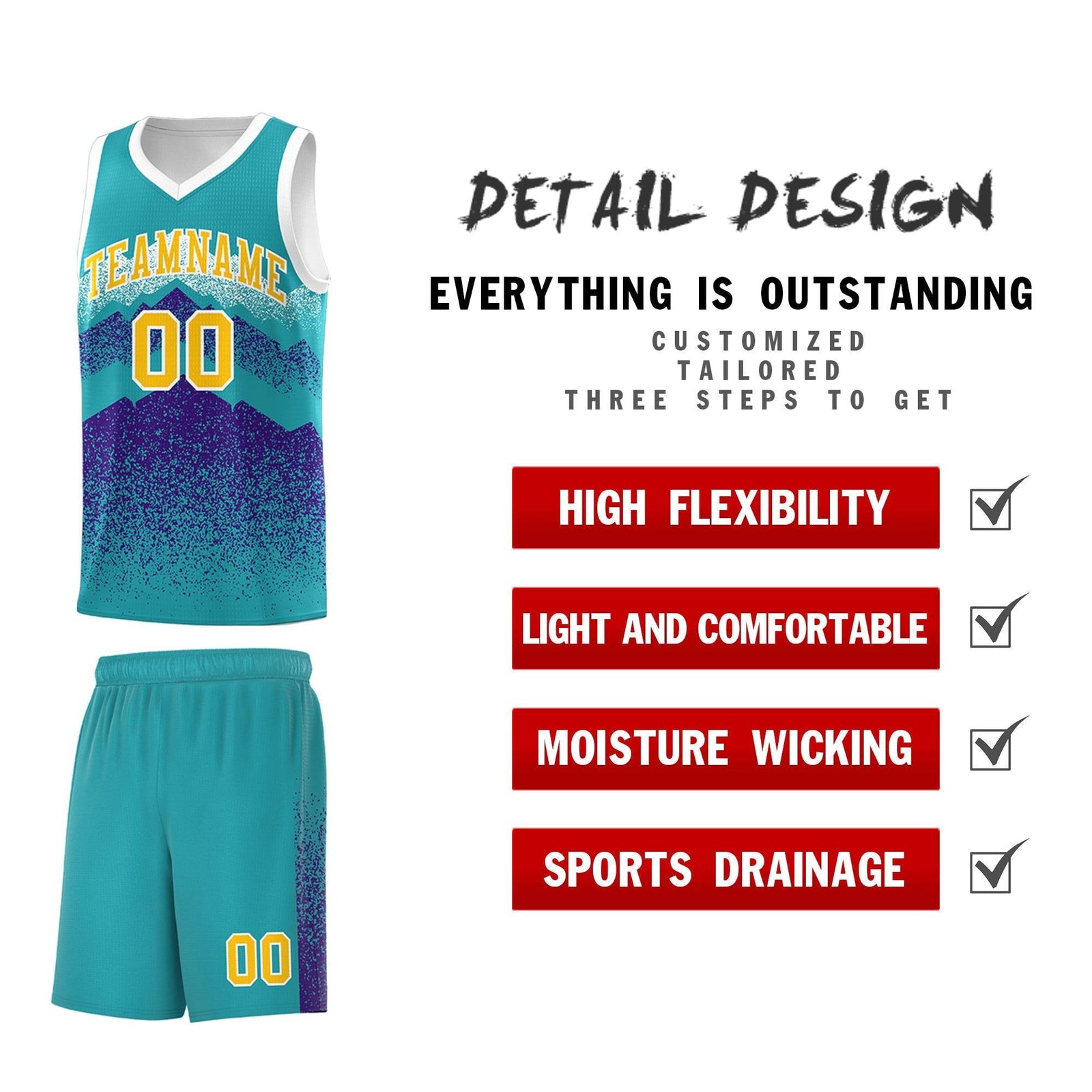 Personalized Youth Basketball Jerseys Aqua Purple Gradient Mountain Design Uniforms