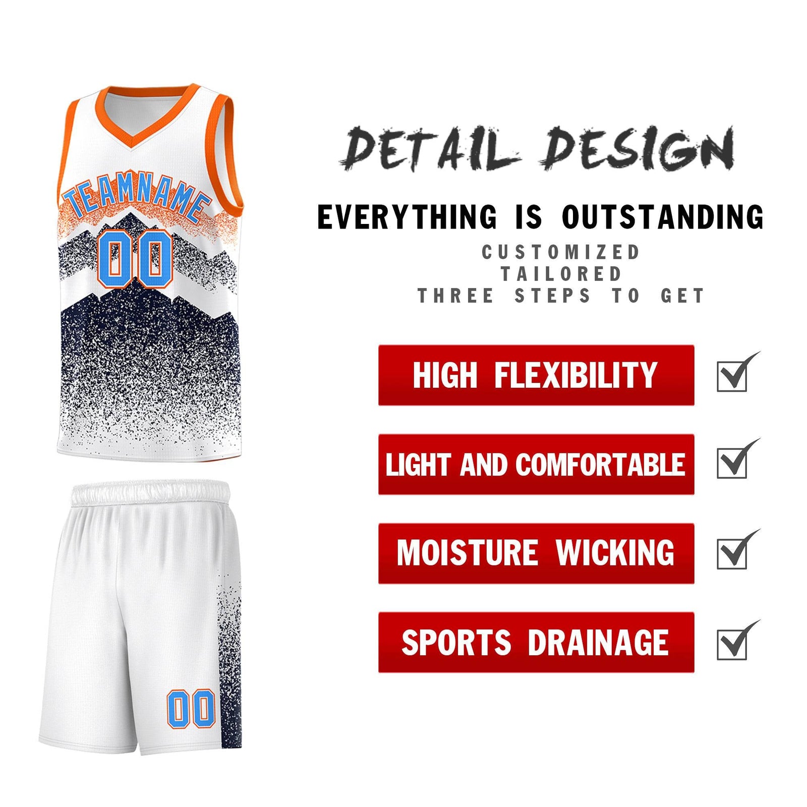 Personalized Youth Basketball Jerseys White Navy Gradient Mountain Design Uniforms
