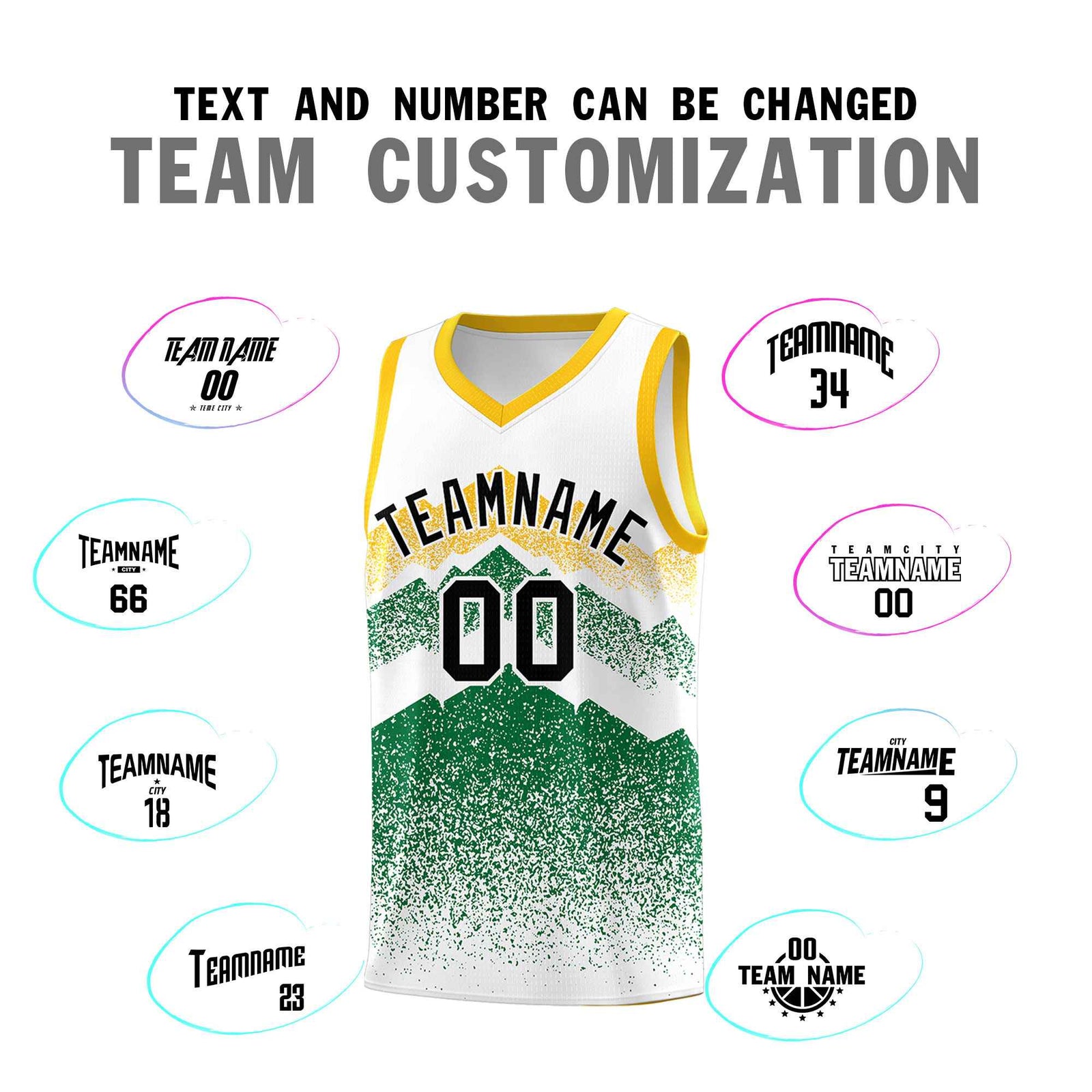 Personalized Youth Basketball Jerseys White Kelly Green Gradient Mountain Design Uniforms