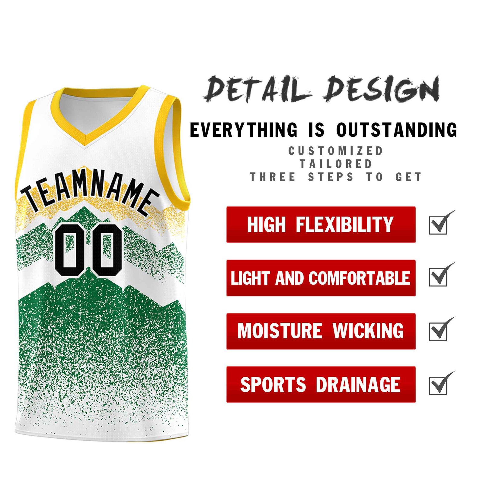 Personalized Youth Basketball Jerseys White Kelly Green Gradient Mountain Design Uniforms