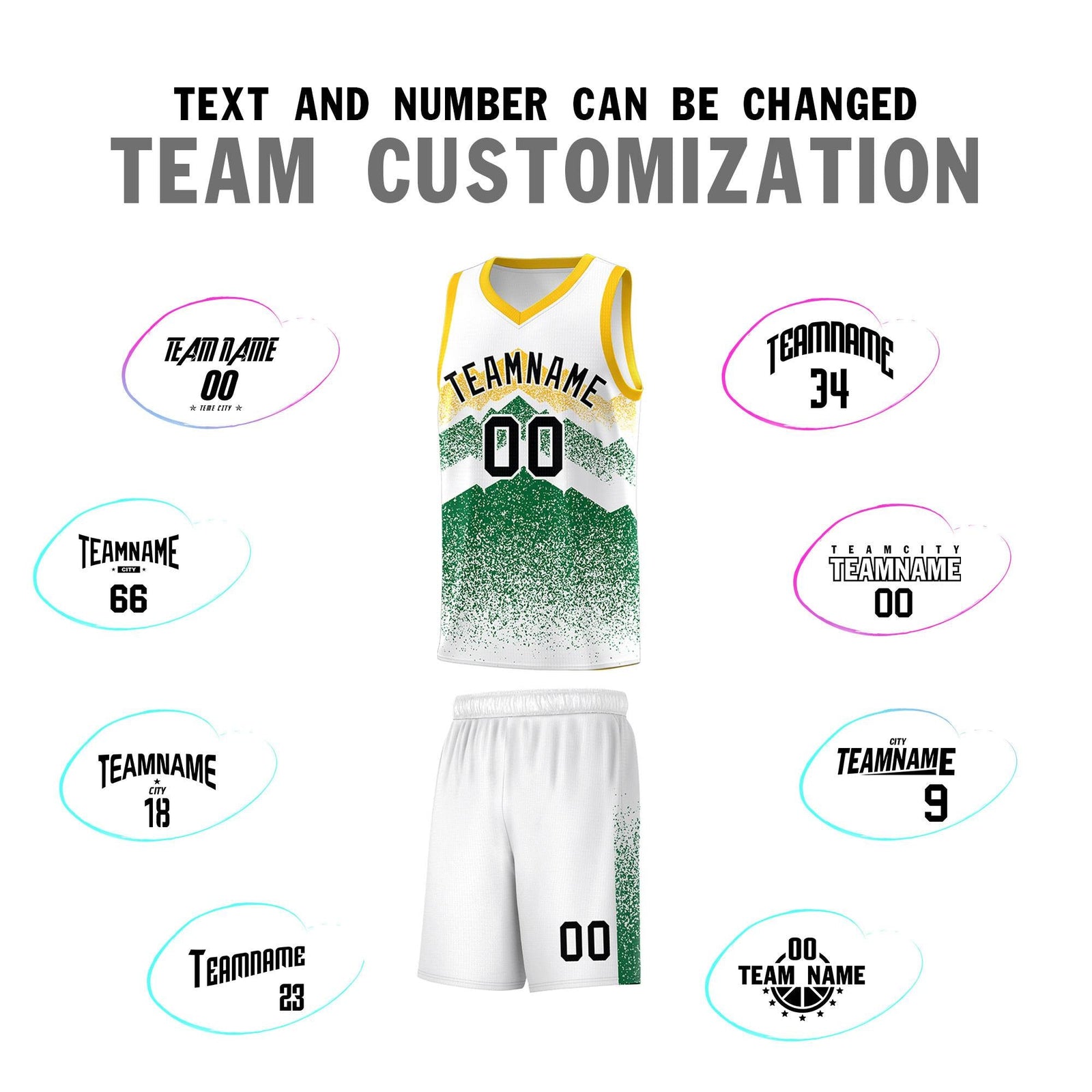 Personalized Youth Basketball Jerseys White Kelly Green Gradient Mountain Design Uniforms