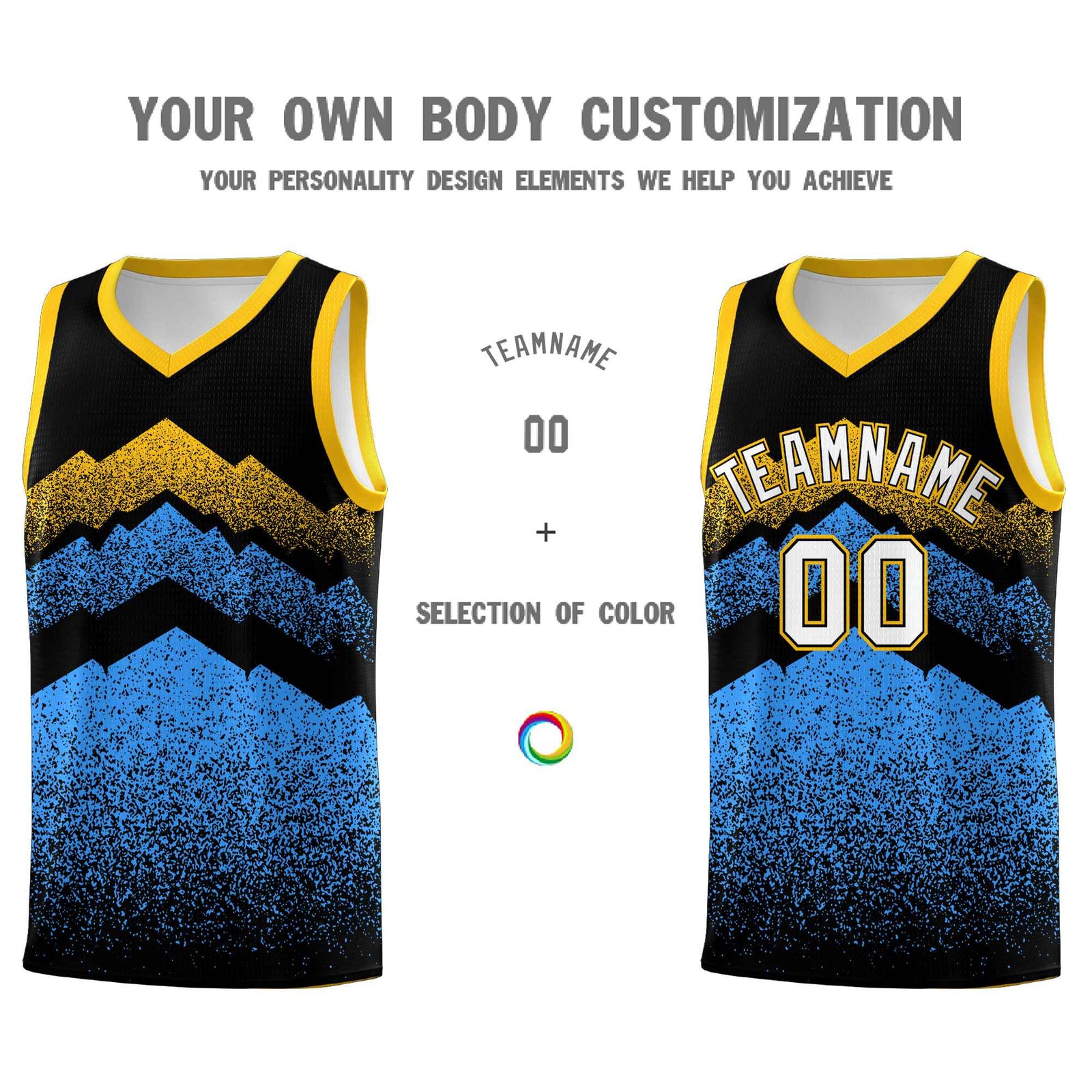 Custom Youth Basketball Jerseys Black Powder Blue Gradient Mountain Design Uniforms