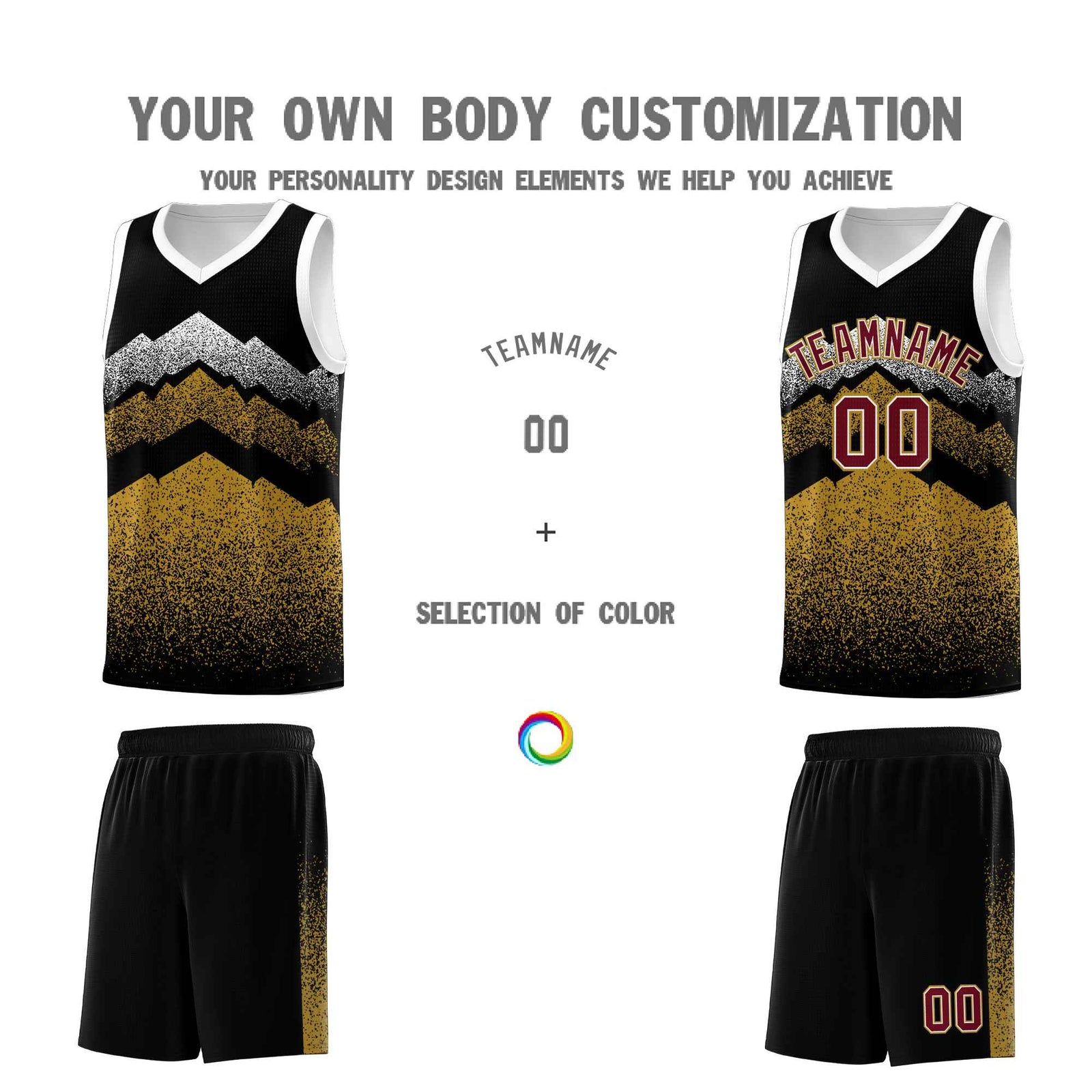 Custom Youth Basketball Jerseys Black Old Gold Gradient Mountain Design Uniforms