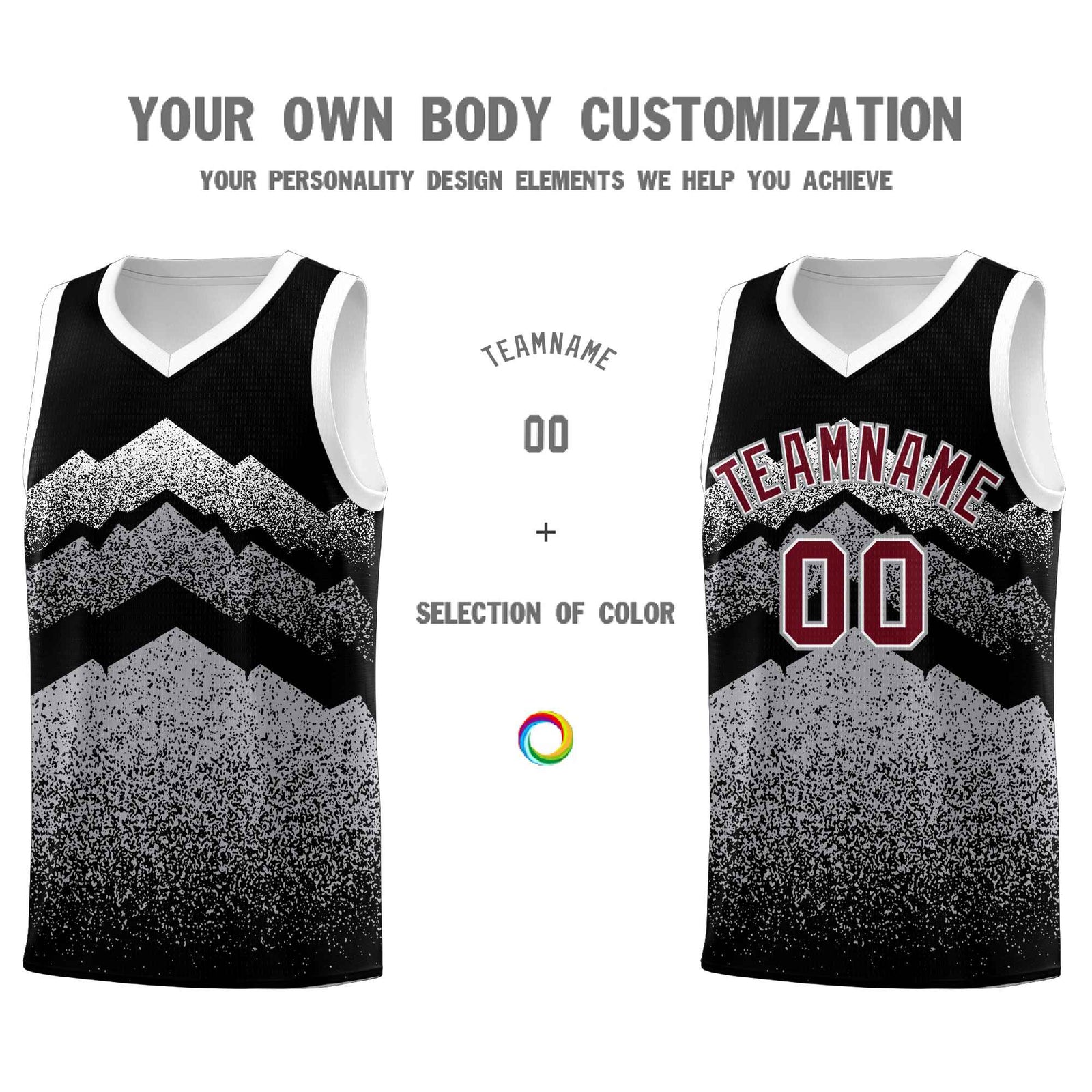 Personalized Youth Basketball Jerseys Black Gray Gradient Mountain Design Uniforms