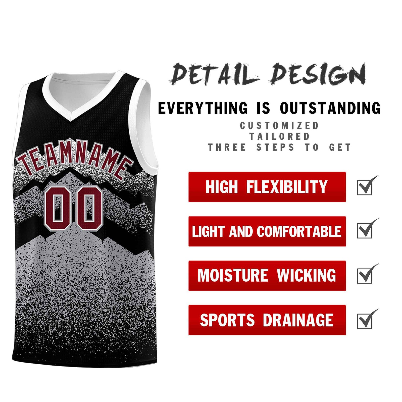 Personalized Youth Basketball Jerseys Black Gray Gradient Mountain Design Uniforms