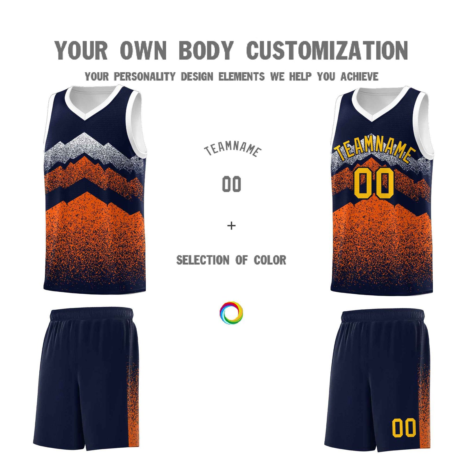 Personalized Youth Basketball Jerseys Navy Orange Gradient Mountain Design Uniforms
