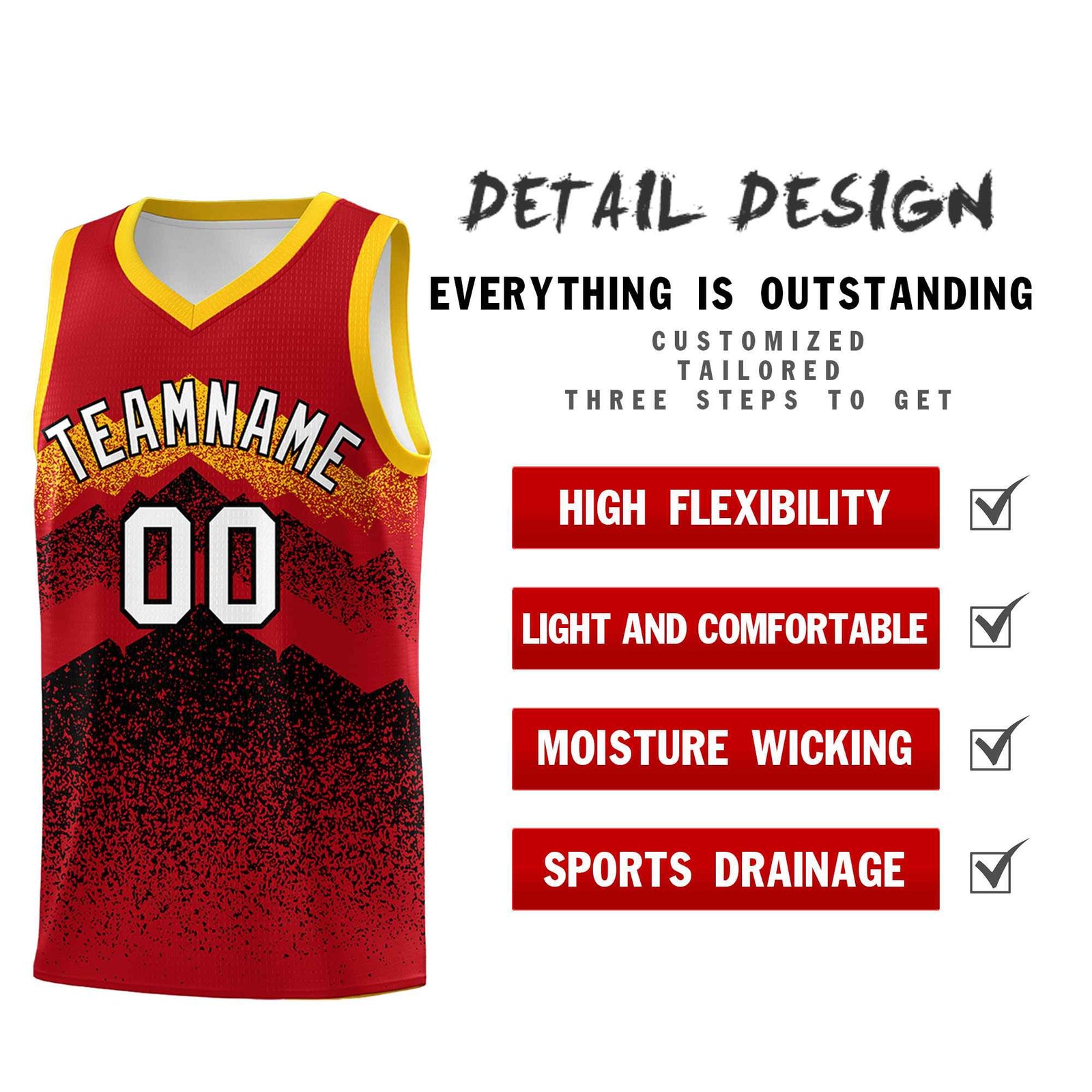 Custom Youth Basketball Jerseys Red Black Gradient Mountain Design Uniforms