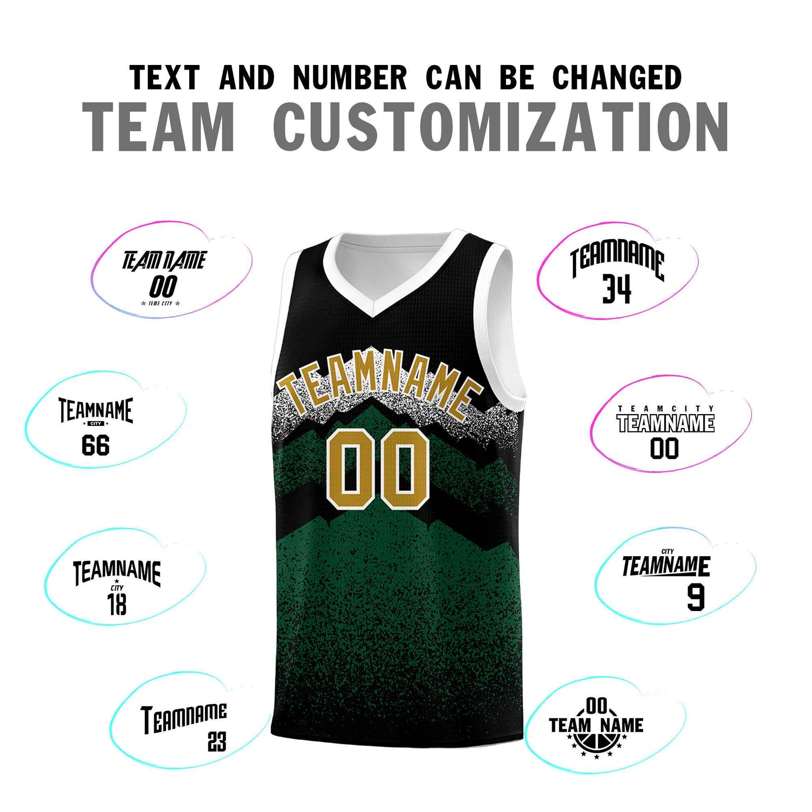 Personalized Youth Basketball Jerseys Black Green Gradient Mountain Design Uniforms
