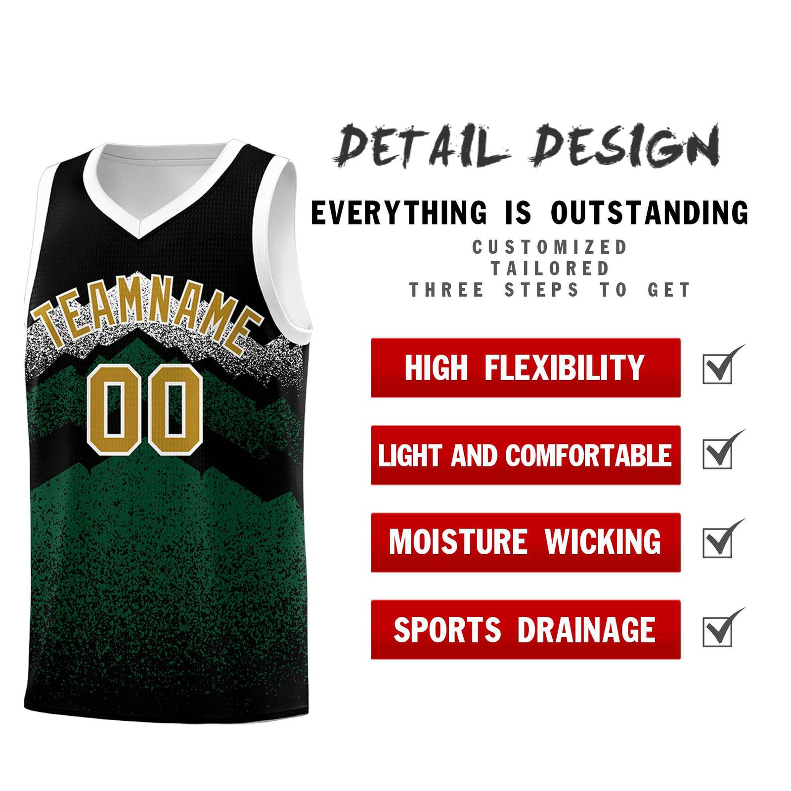 Personalized Youth Basketball Jerseys Black Green Gradient Mountain Design Uniforms