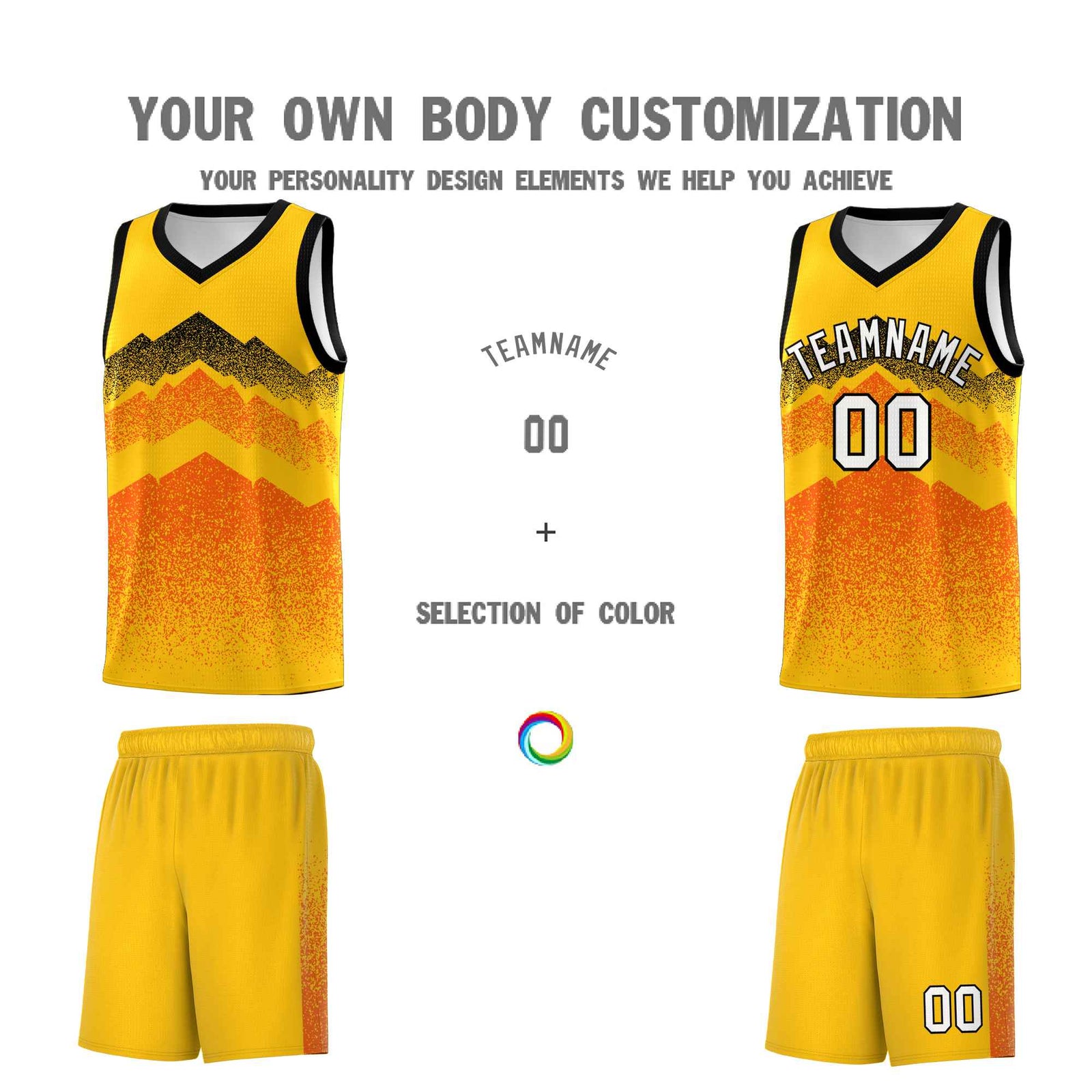 Personalized Youth Basketball Jerseys Yellow Orange Gradient Mountain Design Uniforms