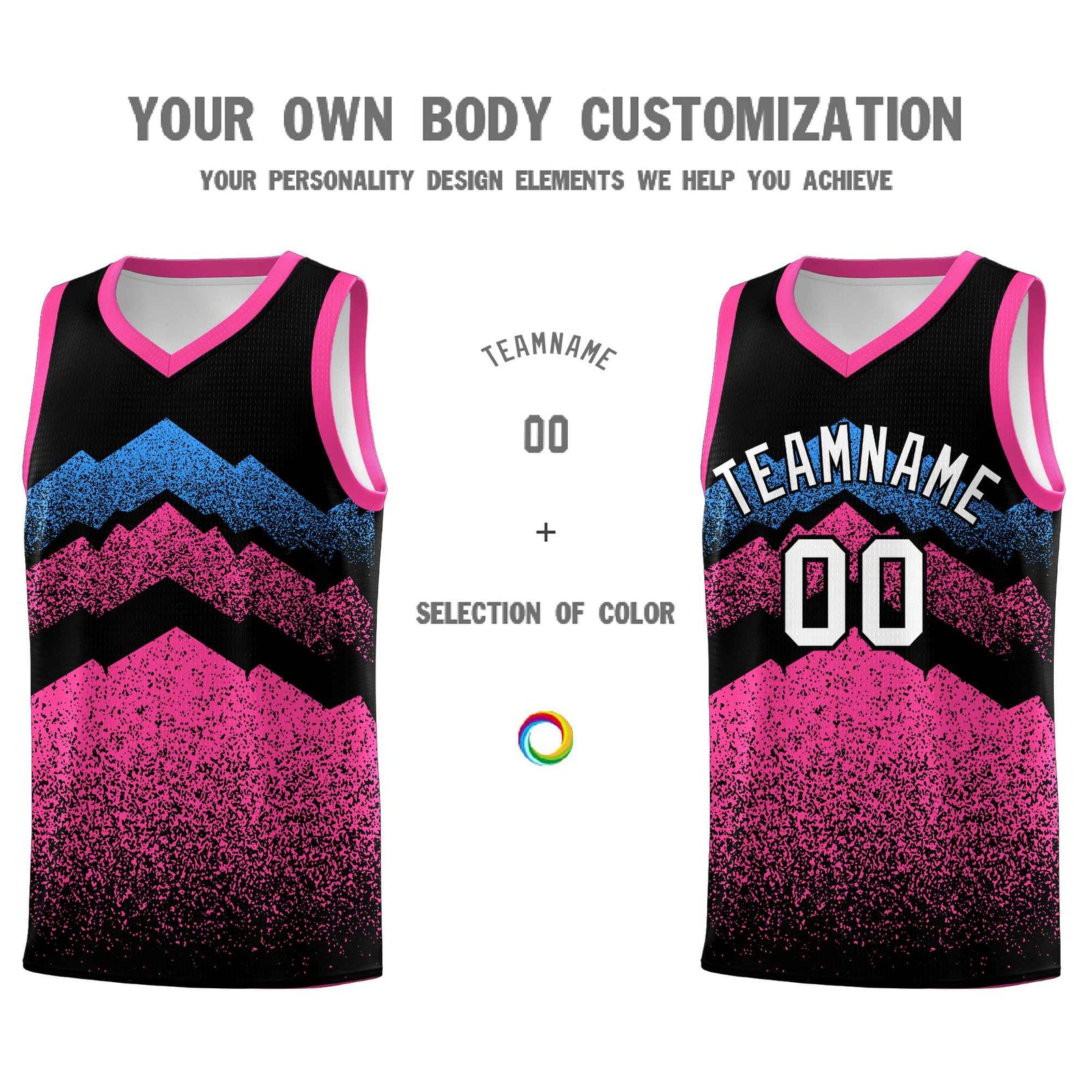 Personalized Youth Basketball Jerseys Black Pink Gradient Mountain Design Uniforms