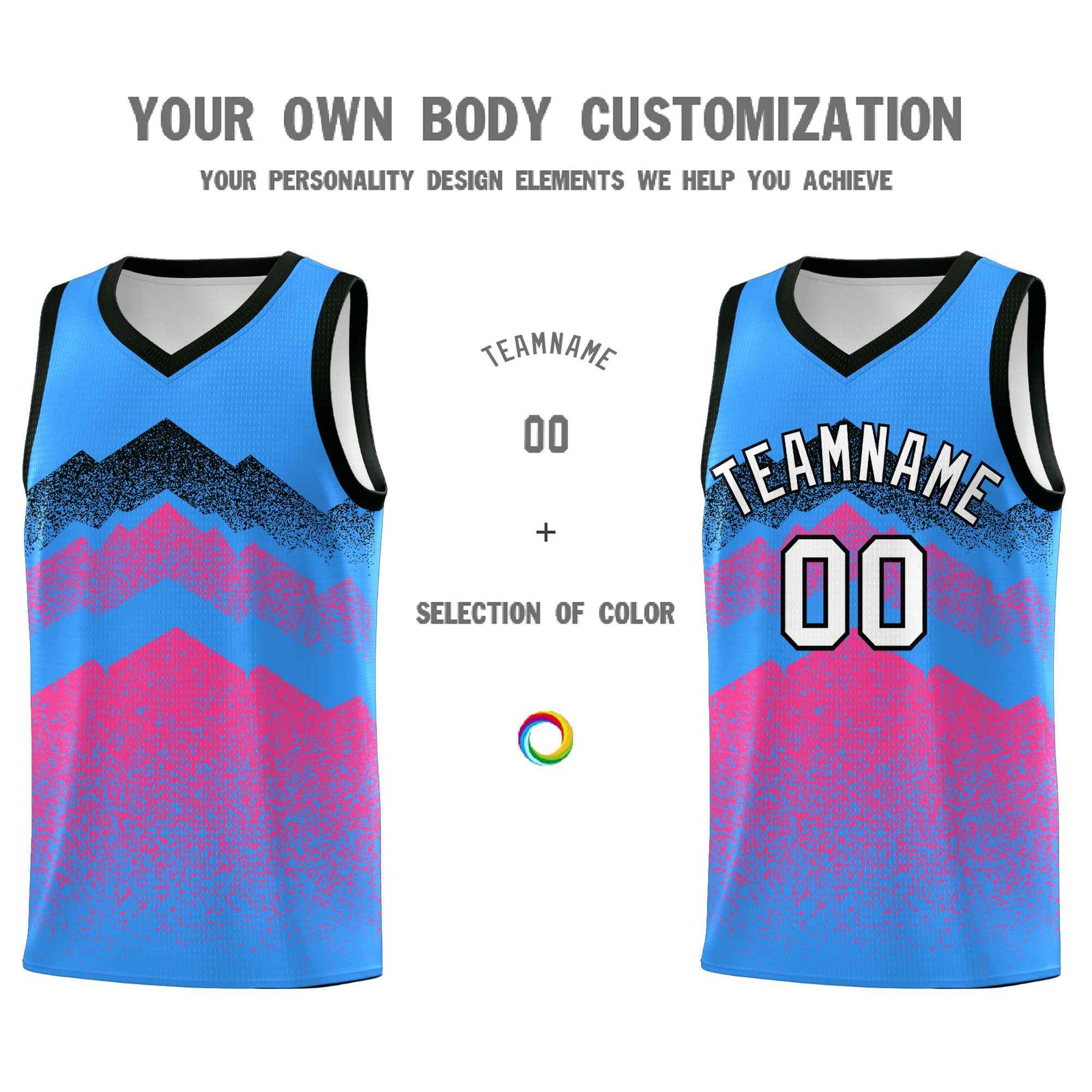 Custom Youth Basketball Jerseys Powder Blue Pink Gradient Mountain Design Uniforms