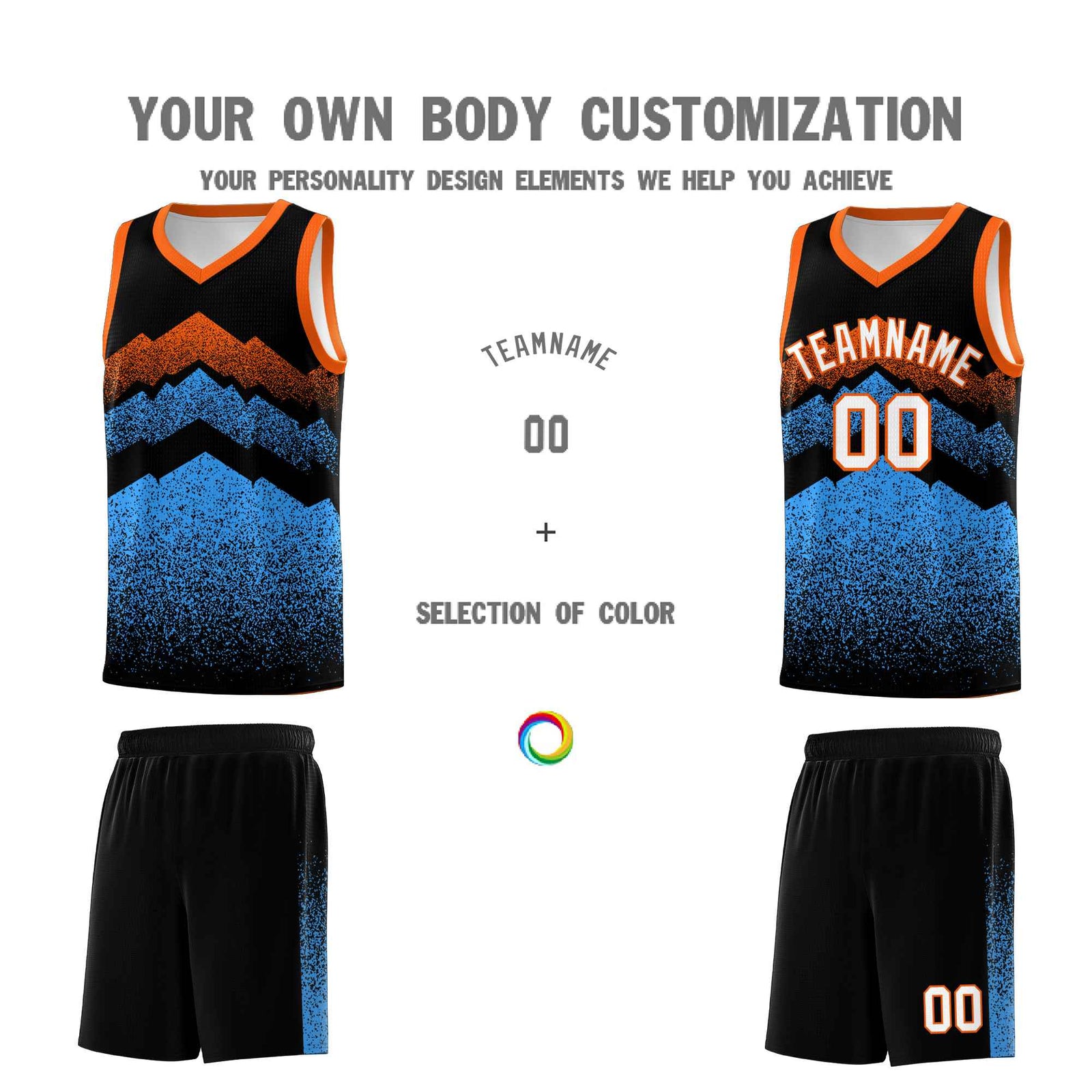 Personalized Youth Basketball Jerseys Black Powder Blue Gradient Mountain Design Uniforms