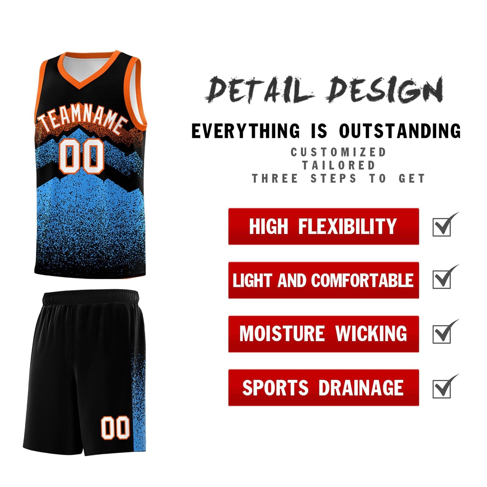 Personalized Youth Basketball Jerseys Black Powder Blue Gradient Mountain Design Uniforms