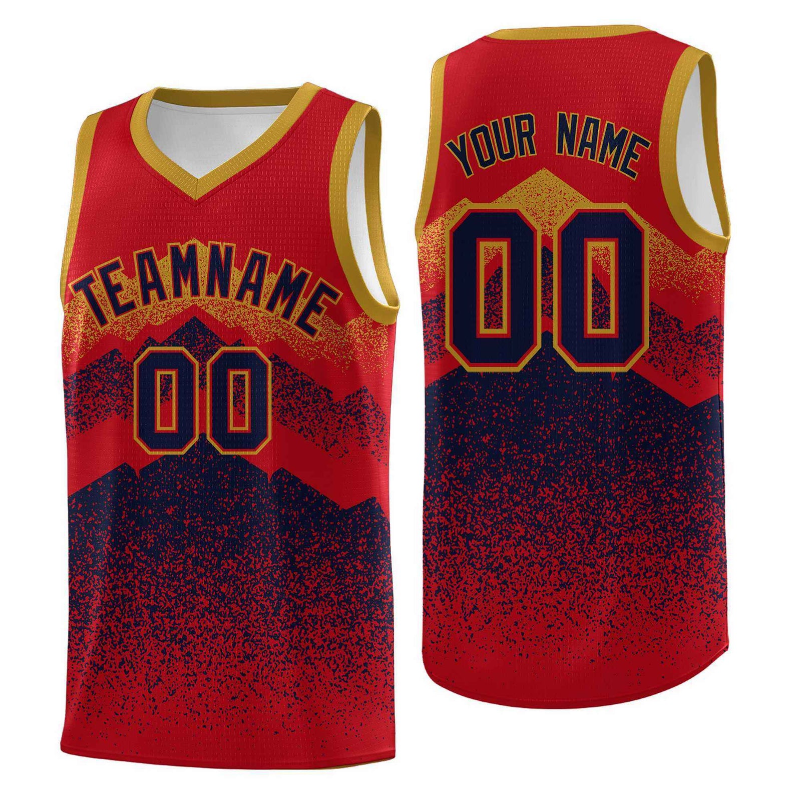 Personalized Youth Basketball Jerseys Red Navy Gradient Mountain Design Uniforms