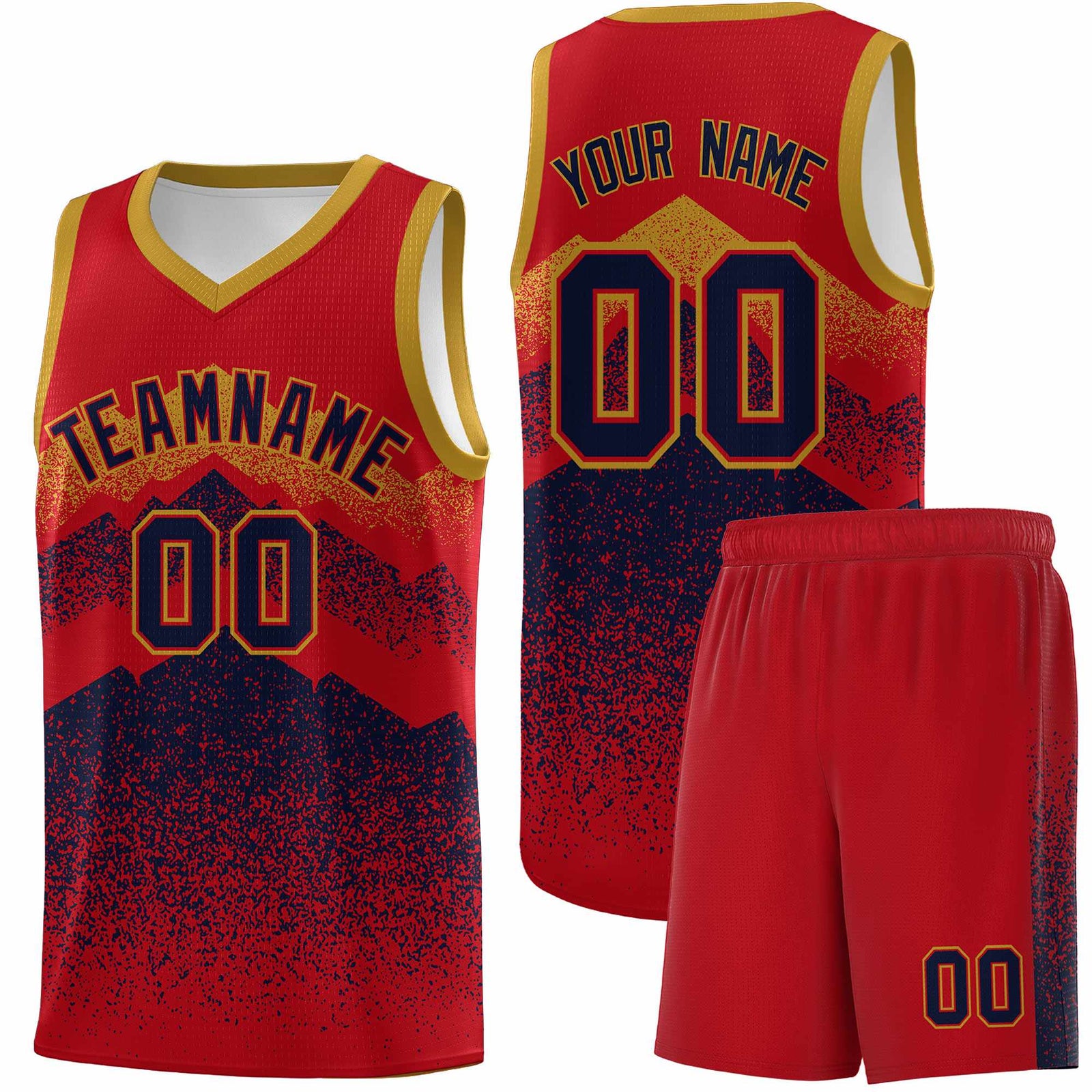 Personalized Youth Basketball Jerseys Red Navy Gradient Mountain Design Uniforms