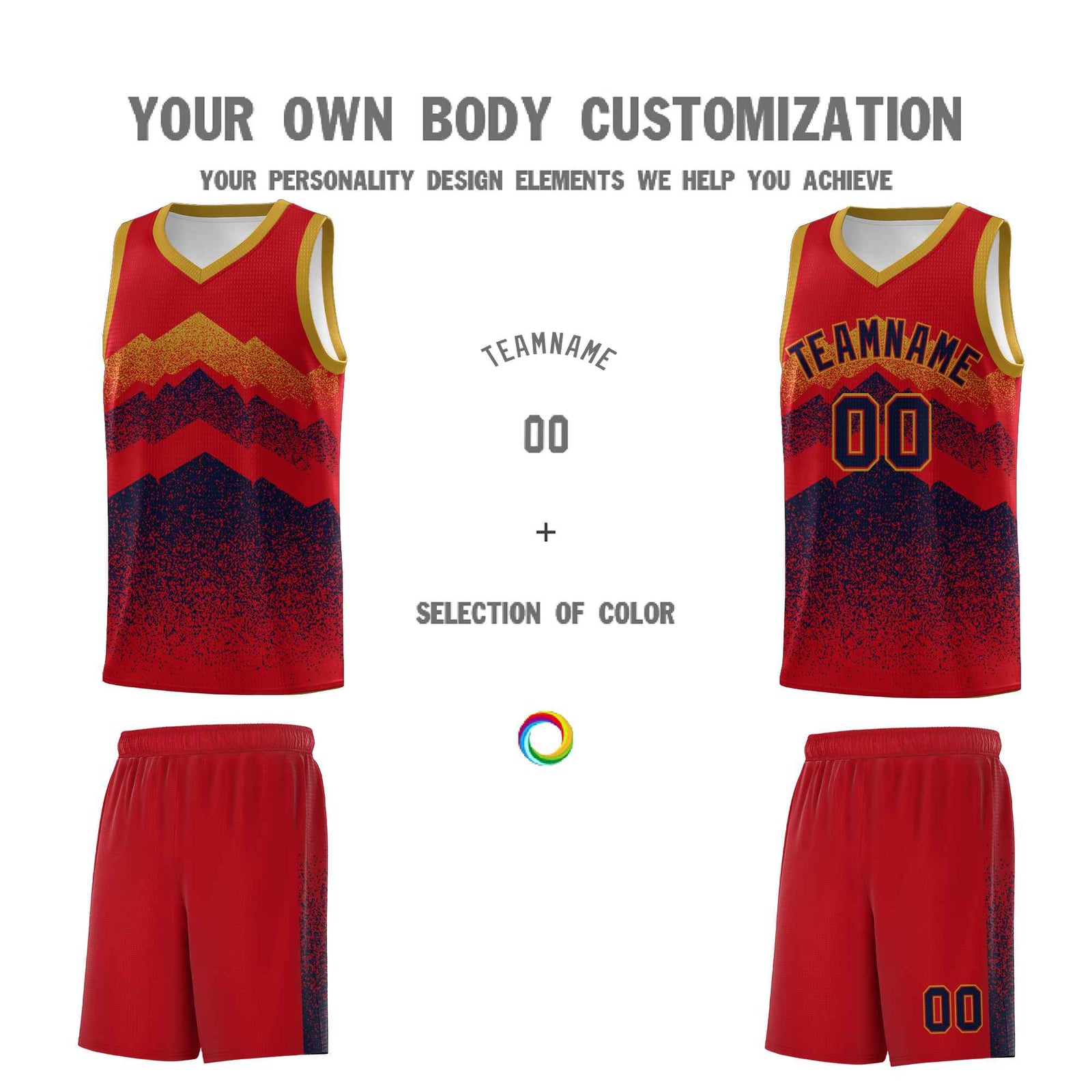 Personalized Youth Basketball Jerseys Red Navy Gradient Mountain Design Uniforms