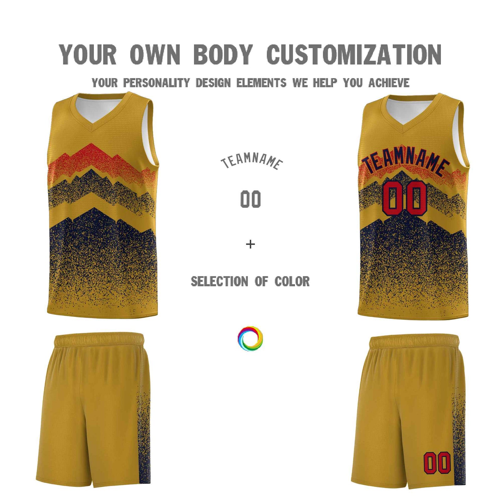 Personalized Youth Basketball Jerseys Old Gold Navy Gradient Mountain Design Uniforms