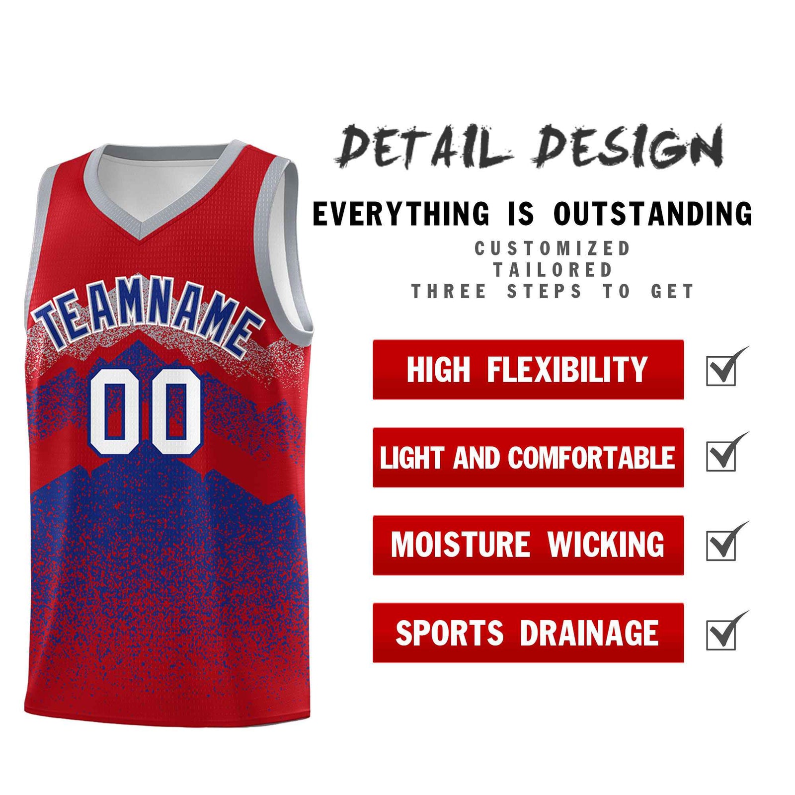 Custom Youth Basketball Jerseys Red Royal Gradient Mountain Design Uniforms